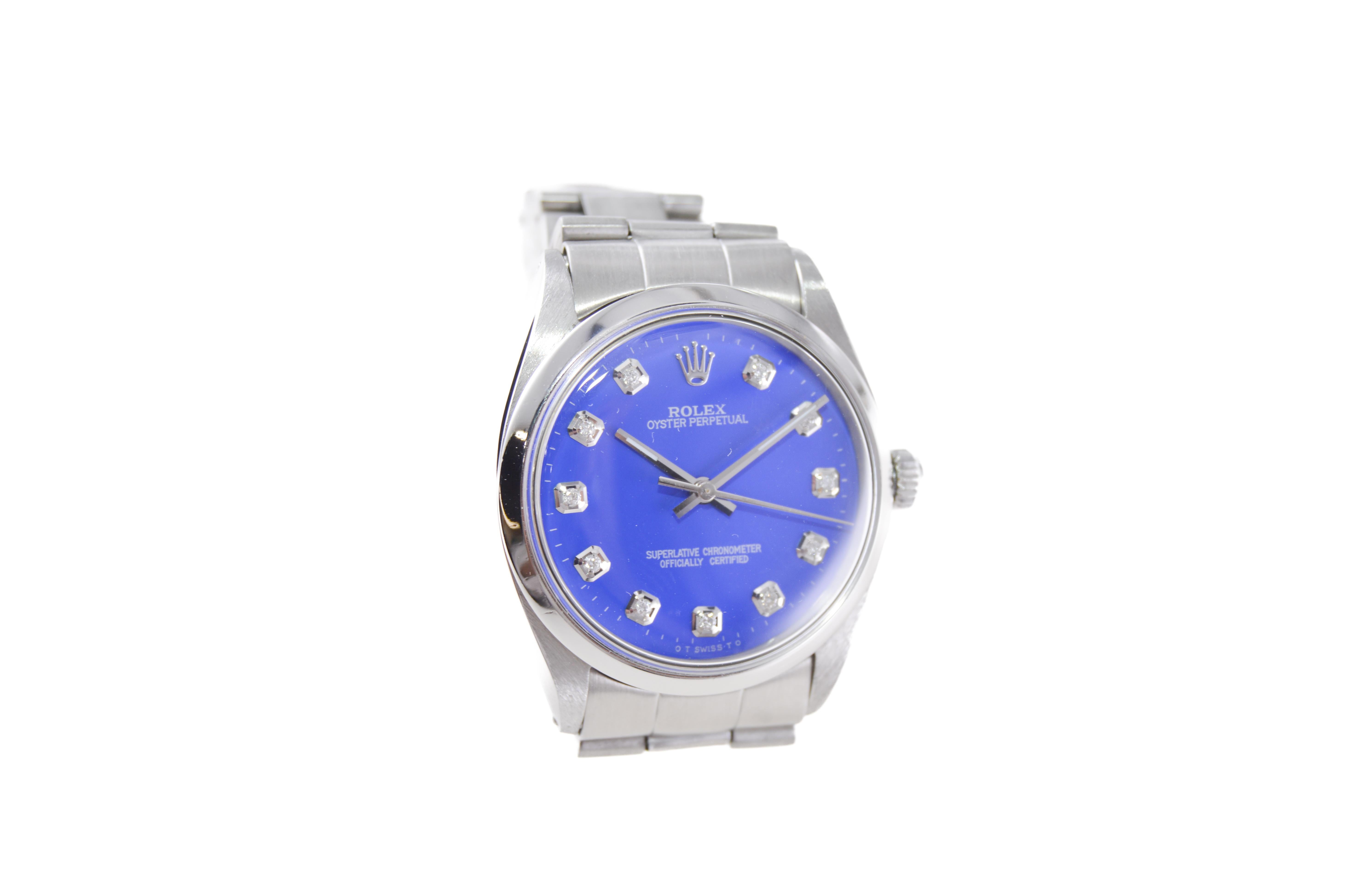 Rolex Steel Oyster Perpetual with Custom Deep Blue Dial, Diamond Markers, 1960s In Excellent Condition For Sale In Long Beach, CA