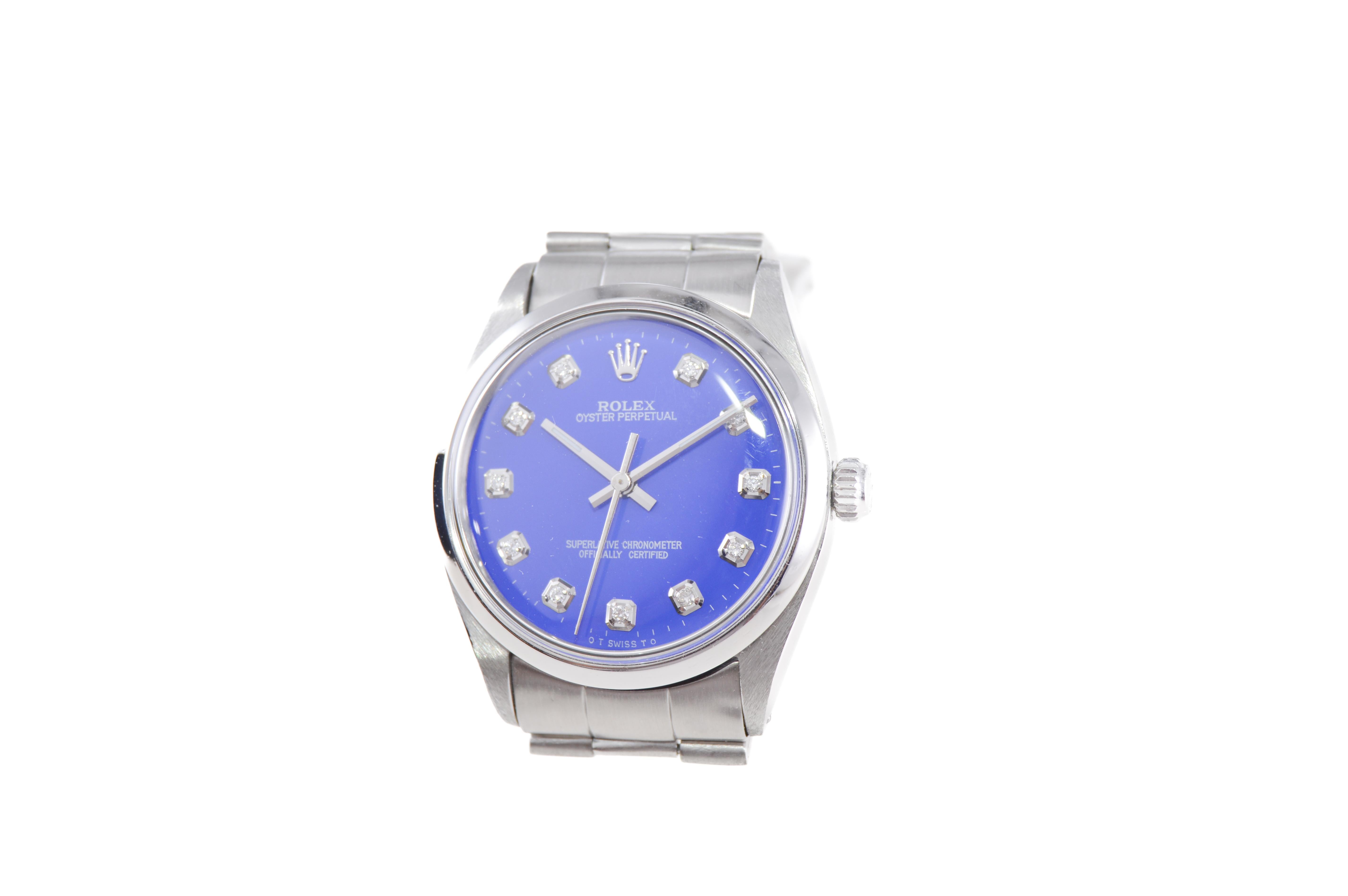Rolex Steel Oyster Perpetual with Custom Deep Blue Dial, Diamond Markers, 1960s For Sale 1