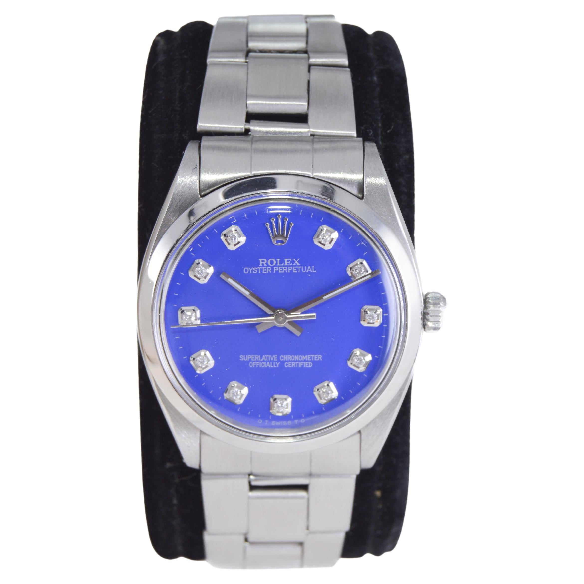 Rolex Steel Oyster Perpetual with Custom Deep Blue Dial, Diamond Markers, 1960s For Sale
