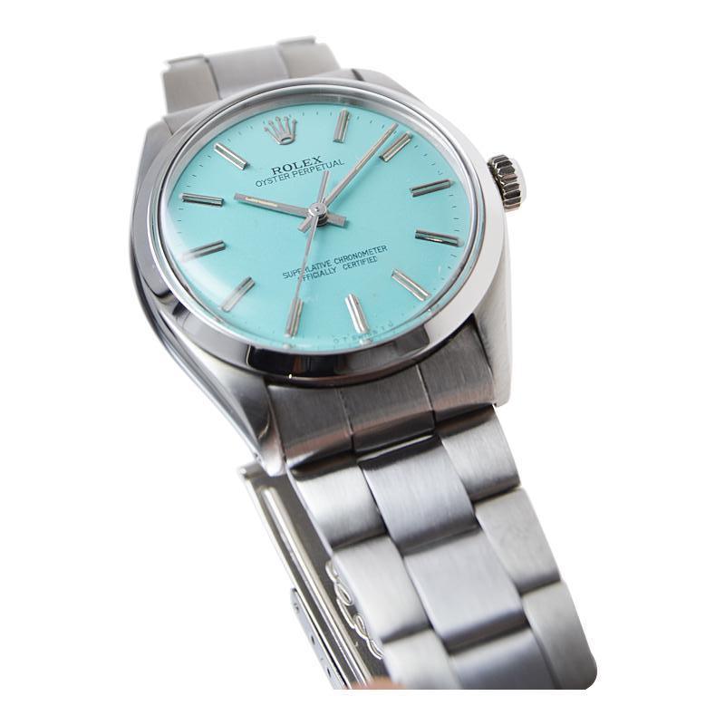 Rolex Steel Oyster Perpetual with Custom Made Tiffany Blue Dial, circa 1960's In Excellent Condition For Sale In Long Beach, CA
