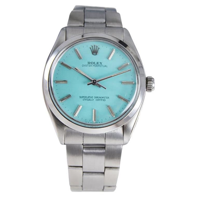 Rolex Steel Oyster Perpetual with Custom Made Tiffany Blue Dial, circa 1960's For Sale