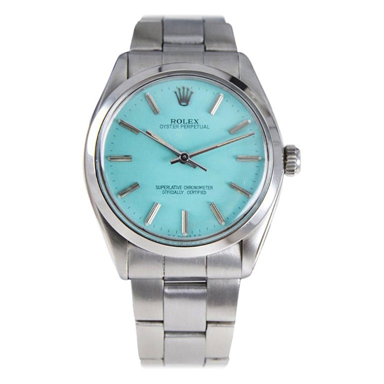 Rolex Oyster Perpetual in acciaio con quadrante blu personalizzato, circa anni '70