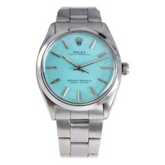 Rolex Oyster Perpetual in acciaio con quadrante blu personalizzato, circa anni '70