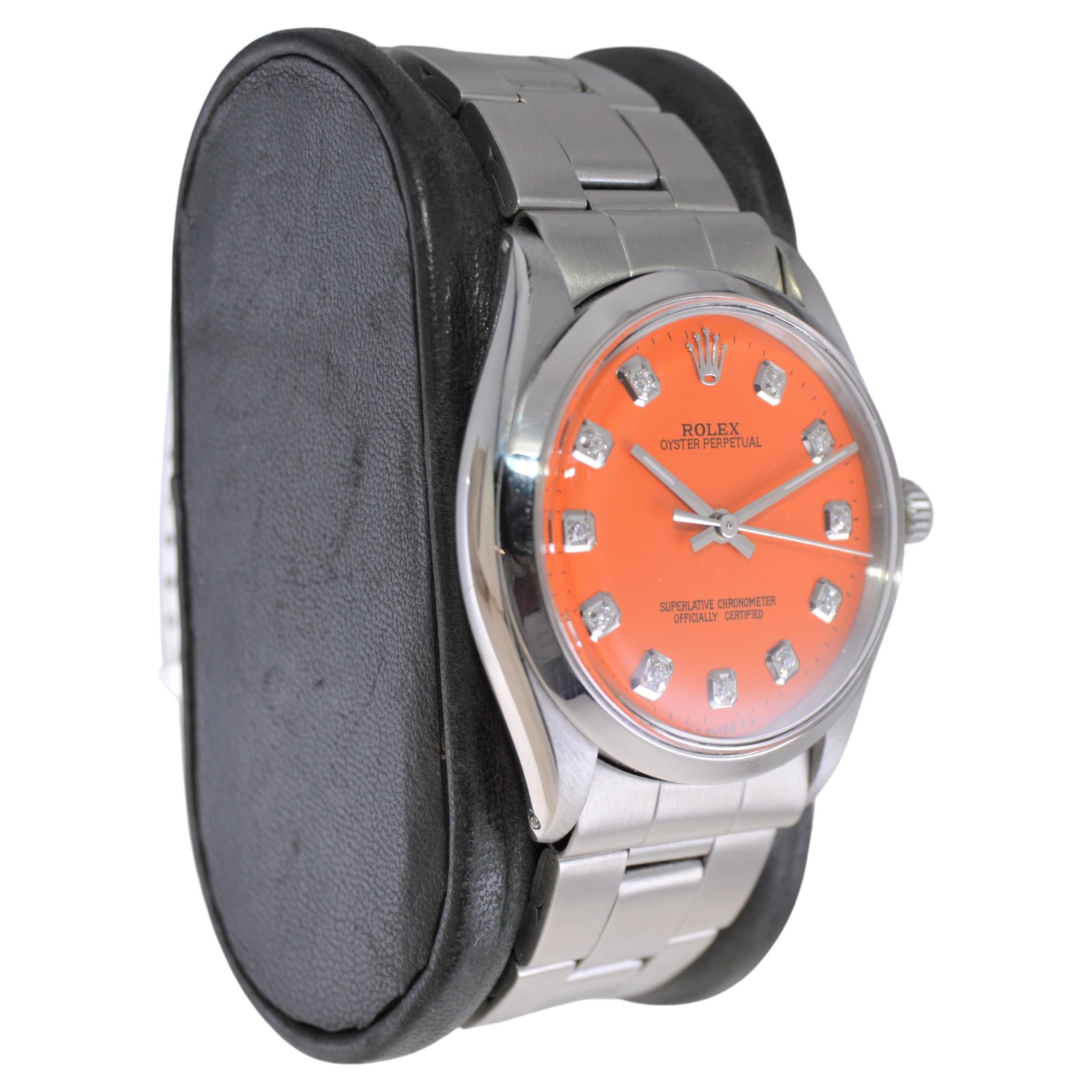 FACTORY / HOUSE: Rolex Watch Company
STYLE / REFERENCE: Oyster Perpetual / Reference 1002
METAL / MATERIAL: Stainless Steel 
CIRCA / YEAR: 1960's
DIMENSIONS / SIZE: Length 39mm X Diameter 34mm
MOVEMENT / CALIBER: Perpetual Winding / Jewels 26 /