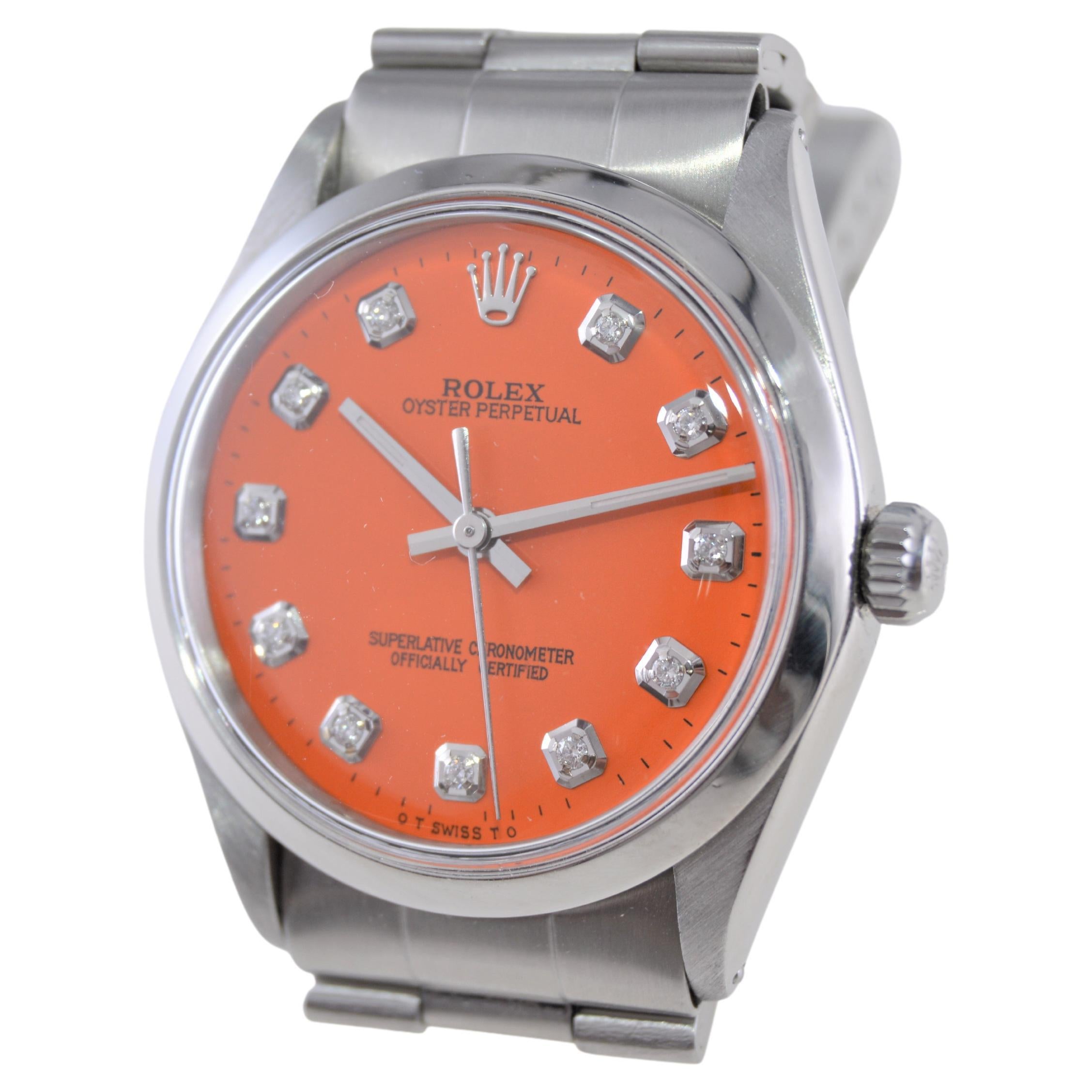 Modern Rolex Steel Oyster Perpetual with Custom Orange Dial, Diamond Markers, 1960s For Sale