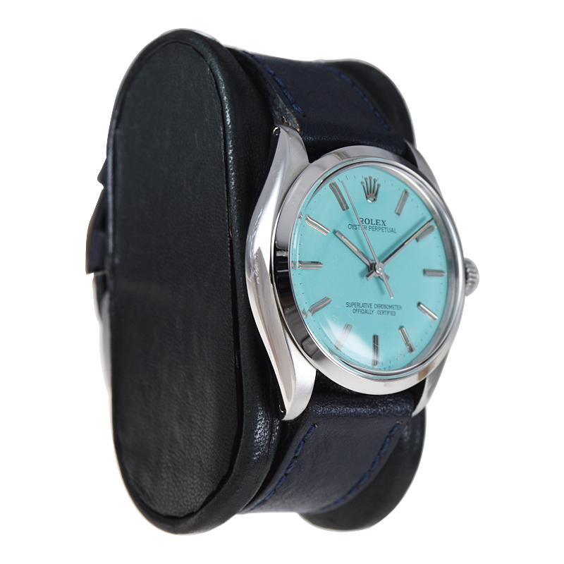 Rolex Stahl Oyster Perpetual mit maßgefertigtem blauem Zifferblatt, ca. 1970er Jahre im Zustand „Hervorragend“ in Long Beach, CA