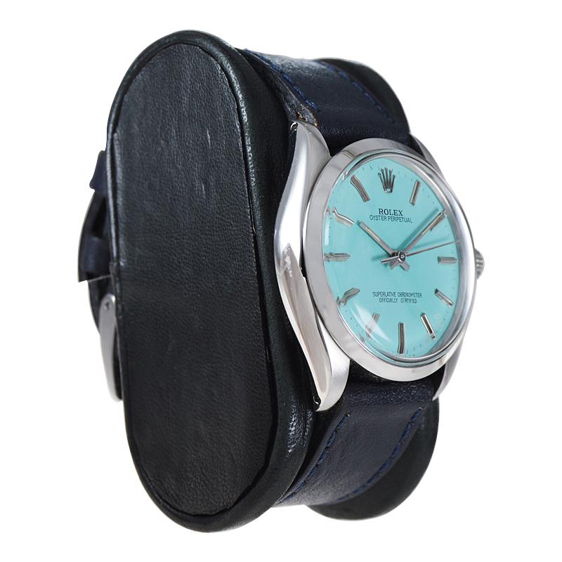 Rolex Stahl Oyster Perpetual mit maßgefertigtem blauem Zifferblatt, ca. 1970er Jahre für Damen oder Herren