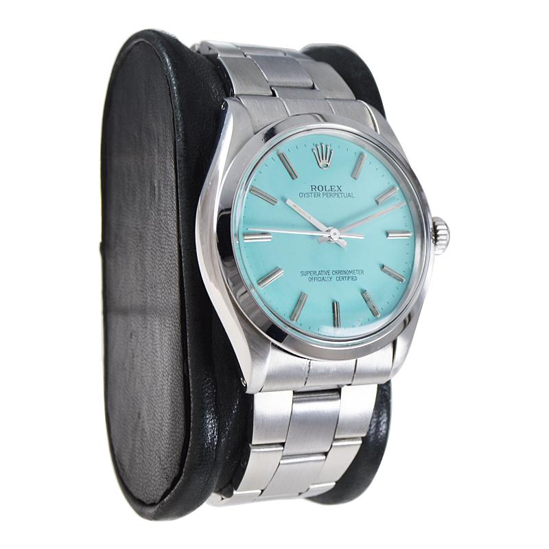 Women's or Men's Rolex Steel Oyster Perpetual with Custom Blue Dial, circa 1980's