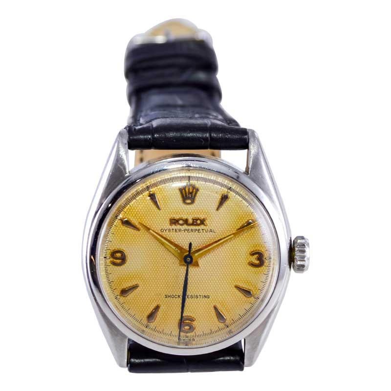 Women's or Men's Rolex Steel Oyster Perpetual with Original Patinated Waffle Dial from 1959 For Sale