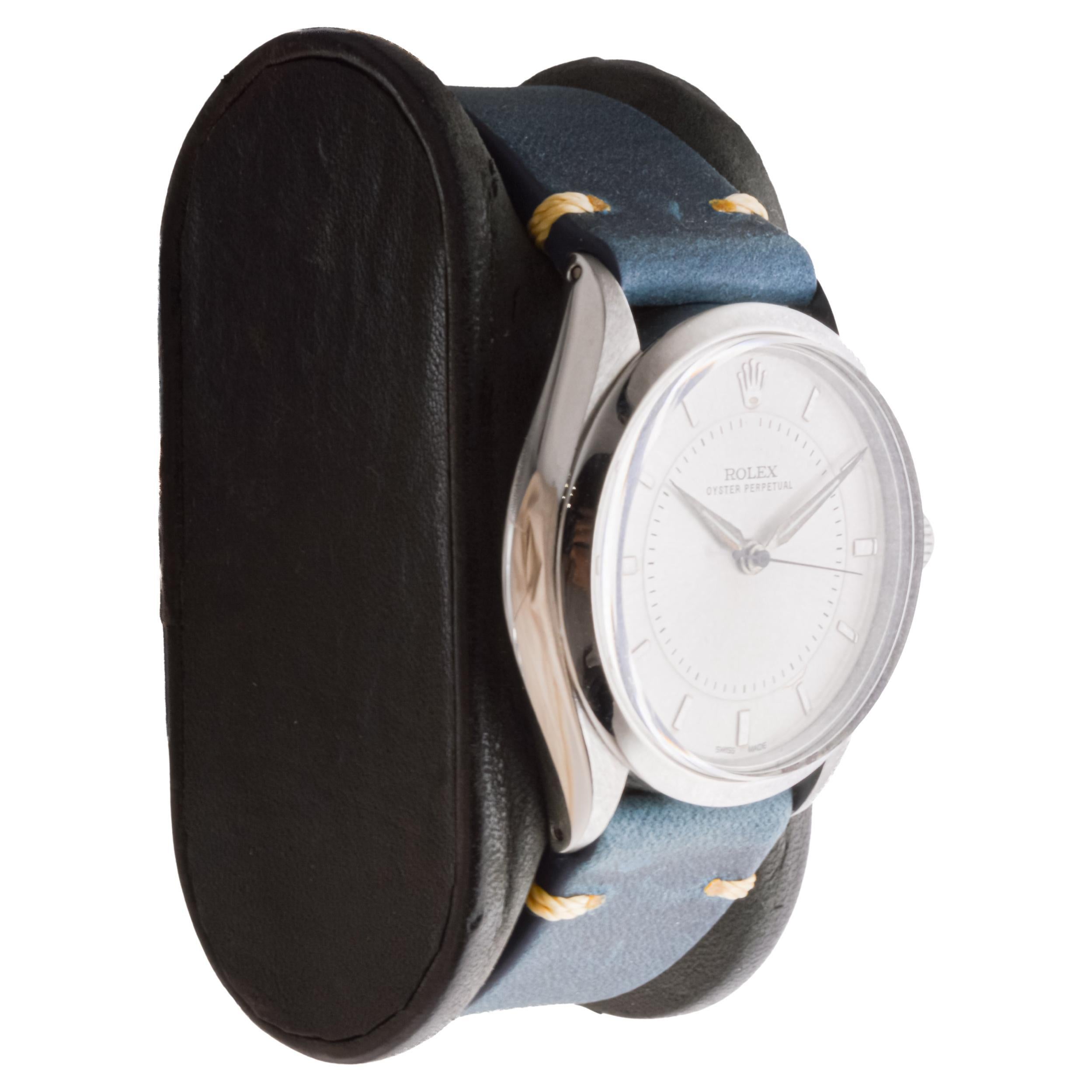 FACTORY / HOUSE: Rolex Watch Company
STYLE / REFERENCE: Oyster Perpetual / Reference 6552
METAL / MATERIAL: Stainless Steel
CIRCA / YEAR: 1958
DIMENSIONS / SIZE: 40mm Length X Diameter 35mm
MOVEMENT / CALIBER: Perpetual Winding / Jewels / Caliber