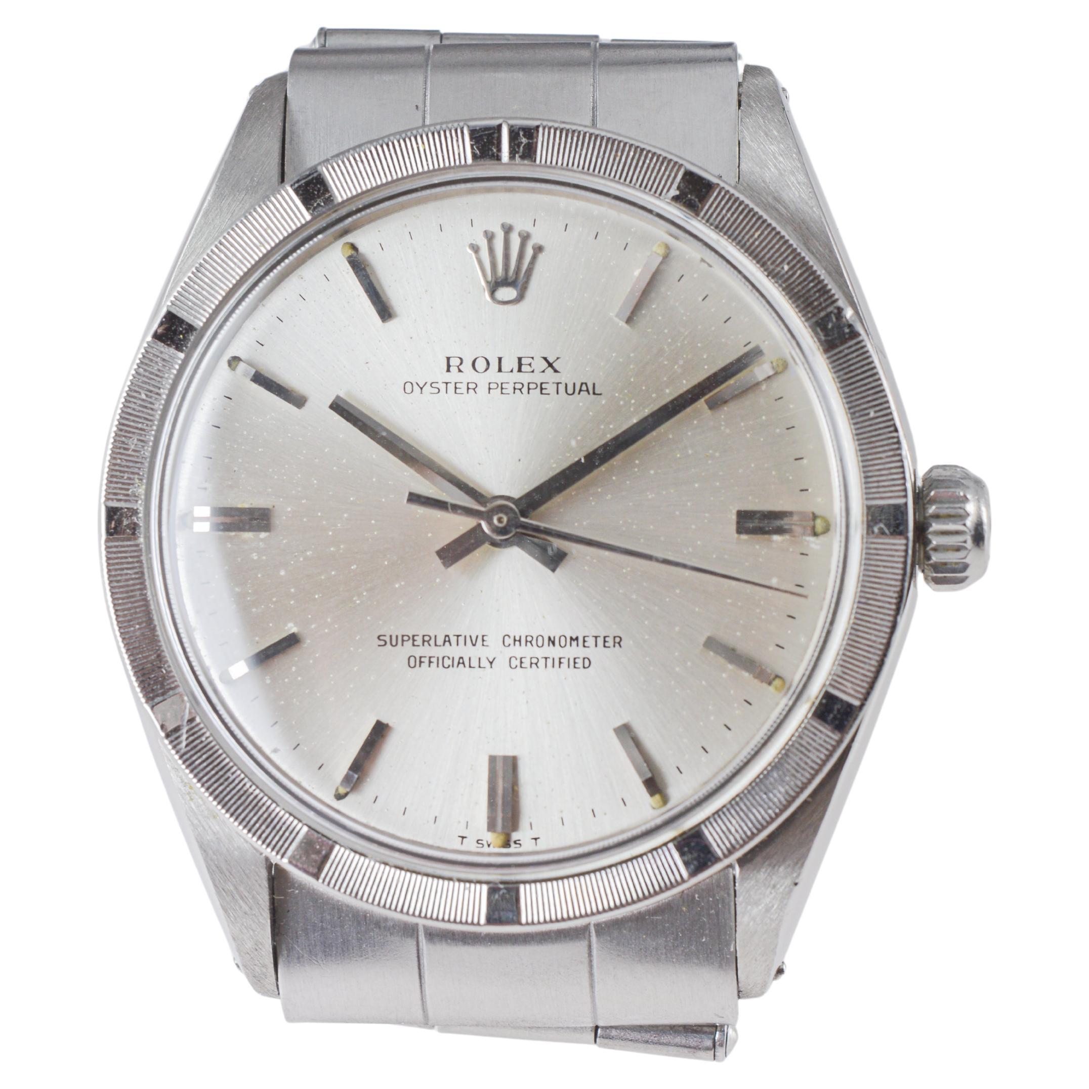 Rolex Steel Oyster Perpetual with Rare Engine Turned Bezel circa, 1960's im Angebot 5