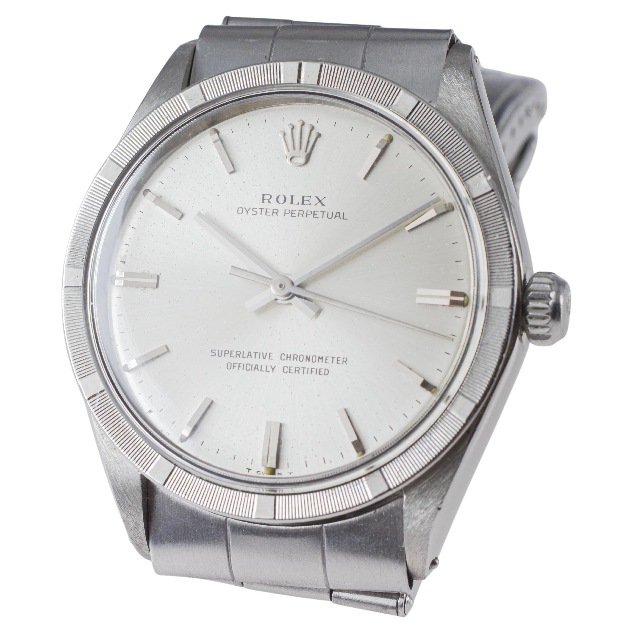 Rolex Steel Oyster Perpetual with Rare Engine Turned Bezel circa, 1960's im Angebot 6