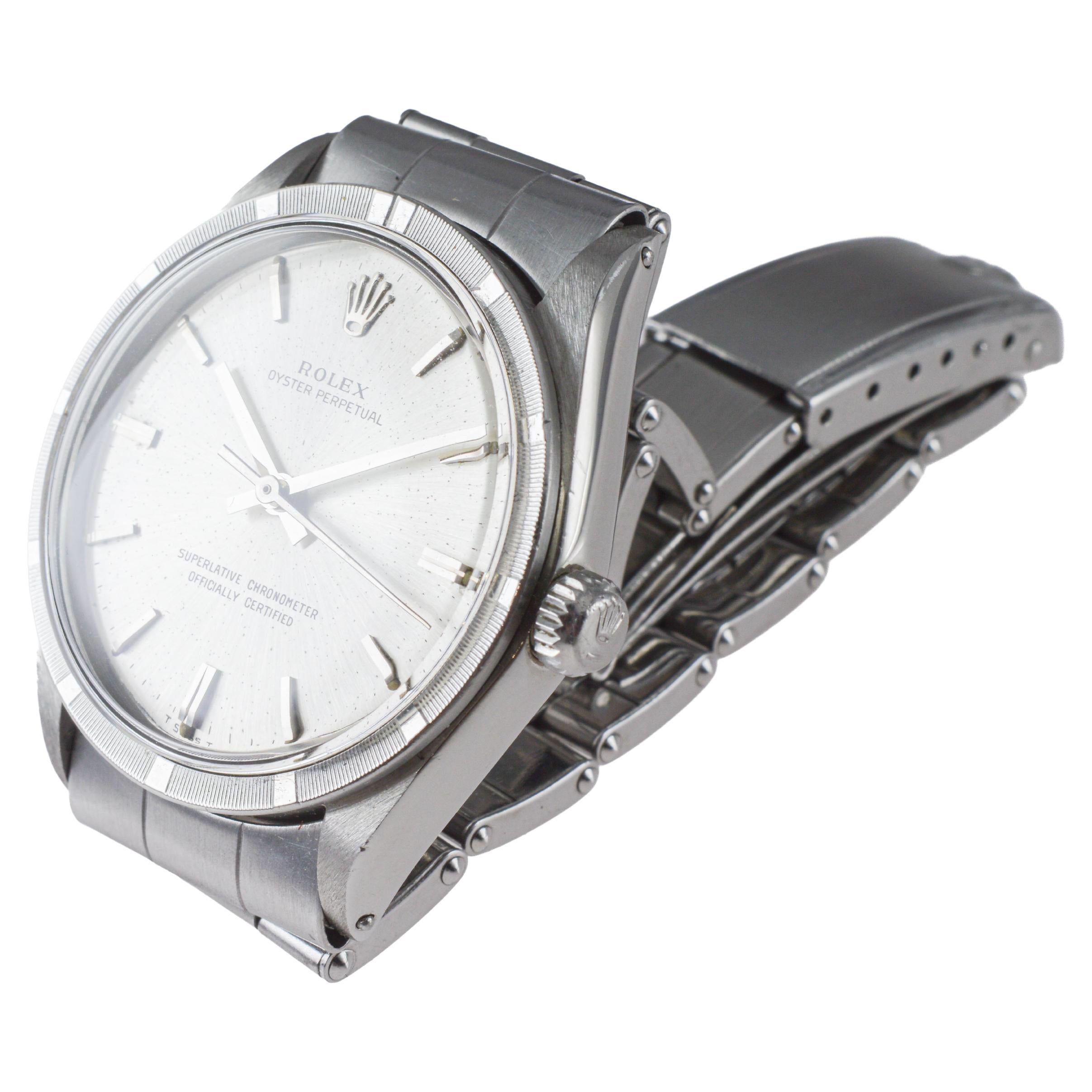 Rolex Steel Oyster Perpetual with Rare Engine Turned Bezel circa, 1960's im Angebot 7