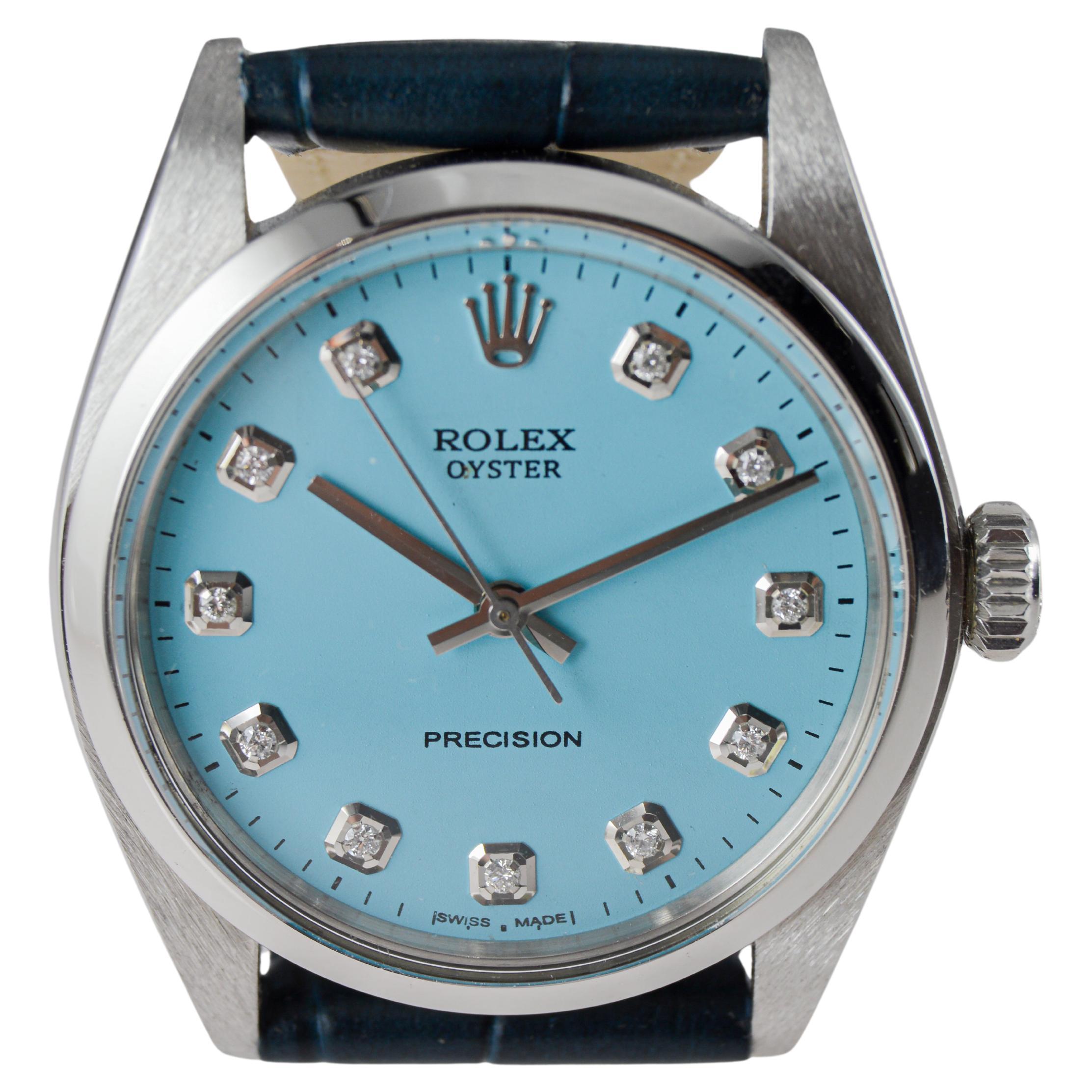Rolex Oyster de acero con esfera azul hecha a medida y marcadores de diamantes baguette en venta 5