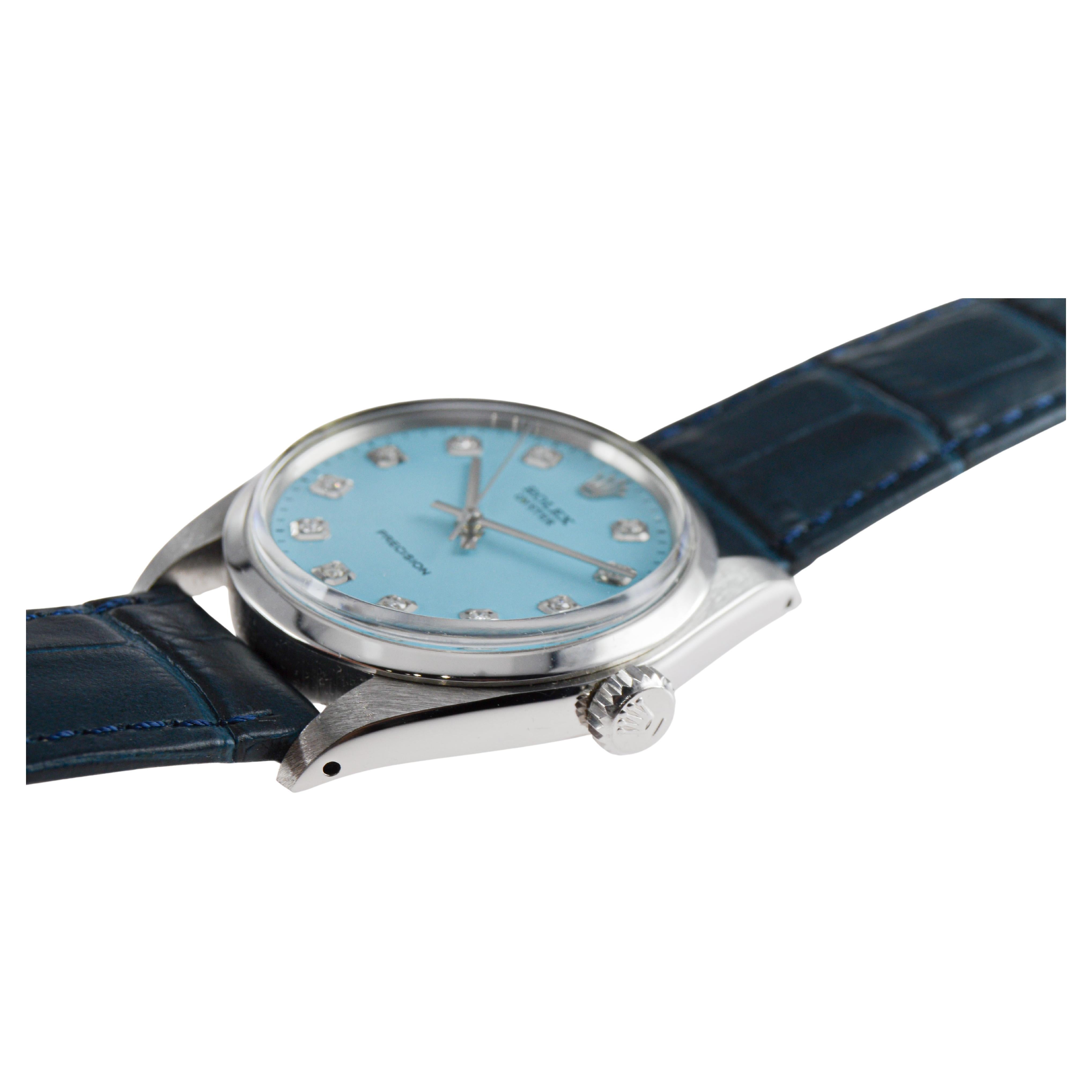 Rolex Oyster de acero con esfera azul hecha a medida y marcadores de diamantes baguette en venta 7