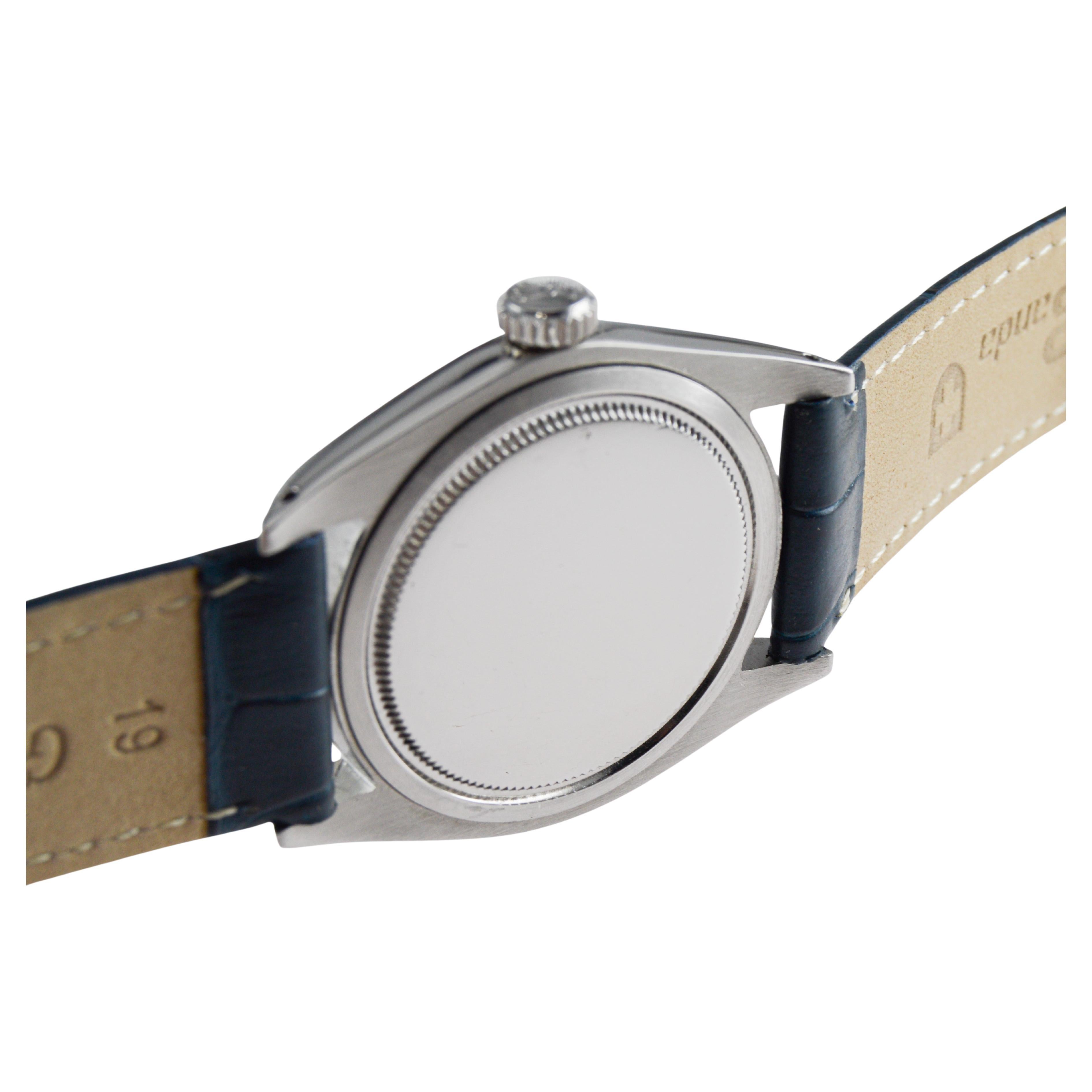 Rolex Oyster de acero con esfera azul hecha a medida y marcadores de diamantes baguette en venta 8