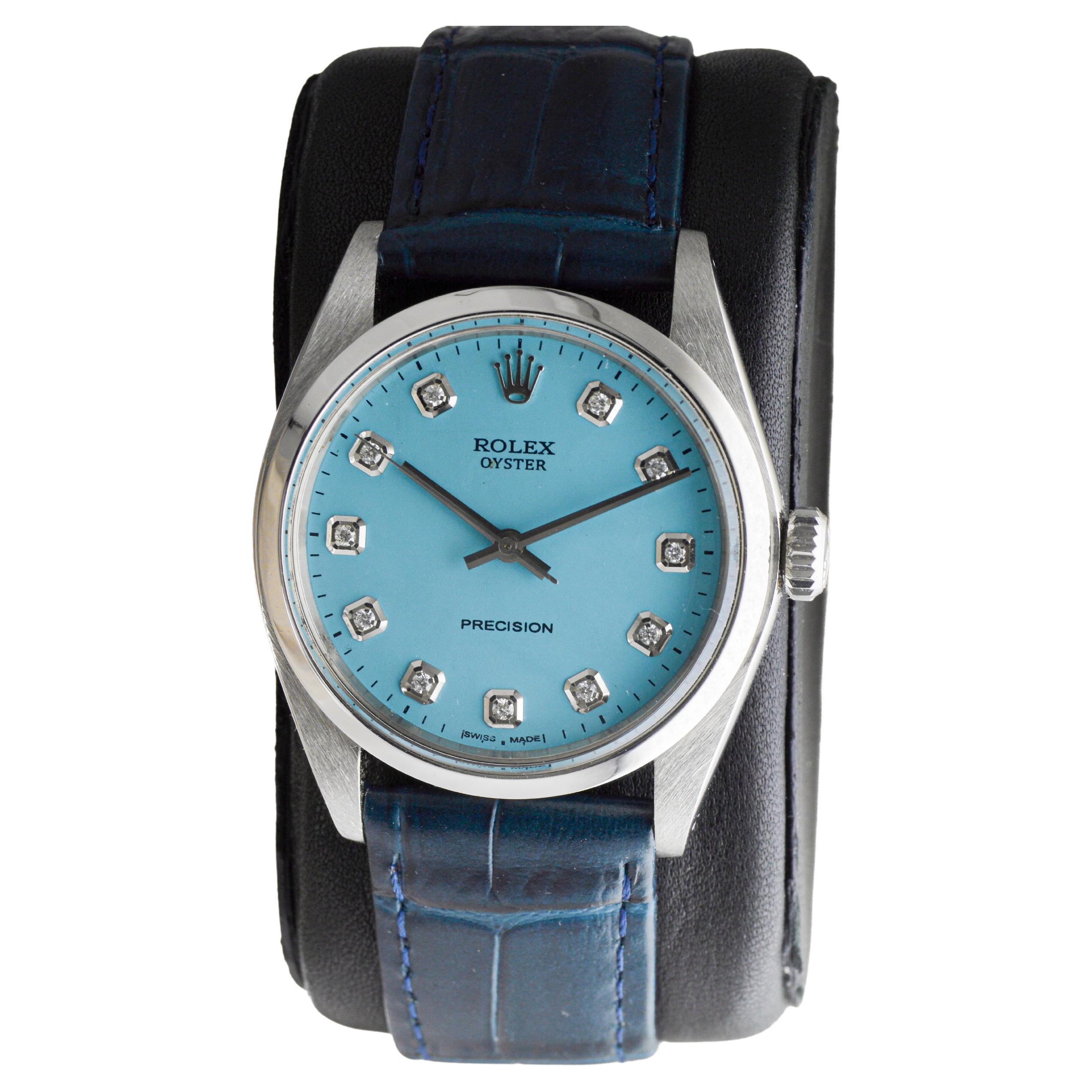Rolex Oyster de acero con esfera azul hecha a medida y marcadores de diamantes baguette en venta 1