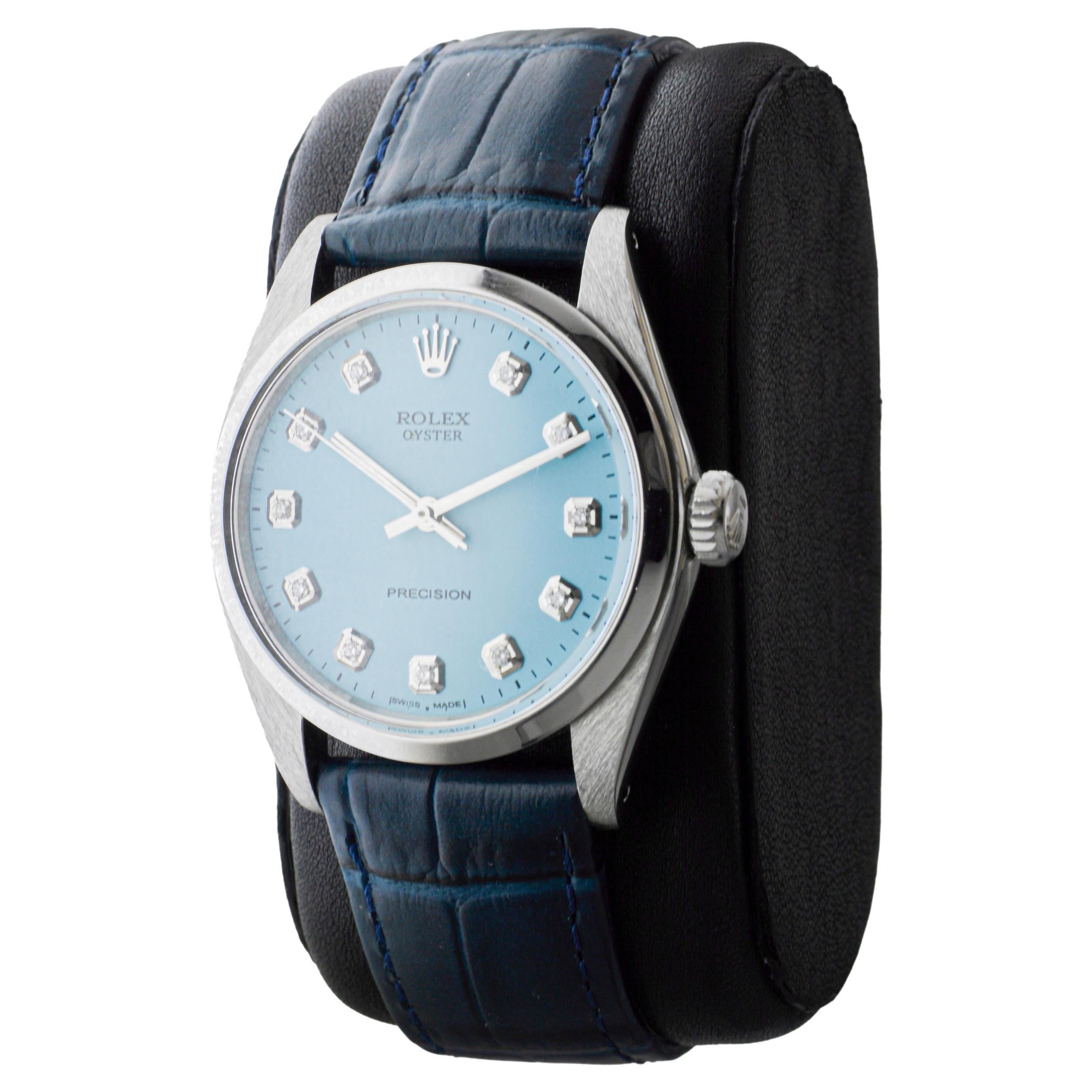 Rolex Oyster de acero con esfera azul hecha a medida y marcadores de diamantes baguette en venta 2