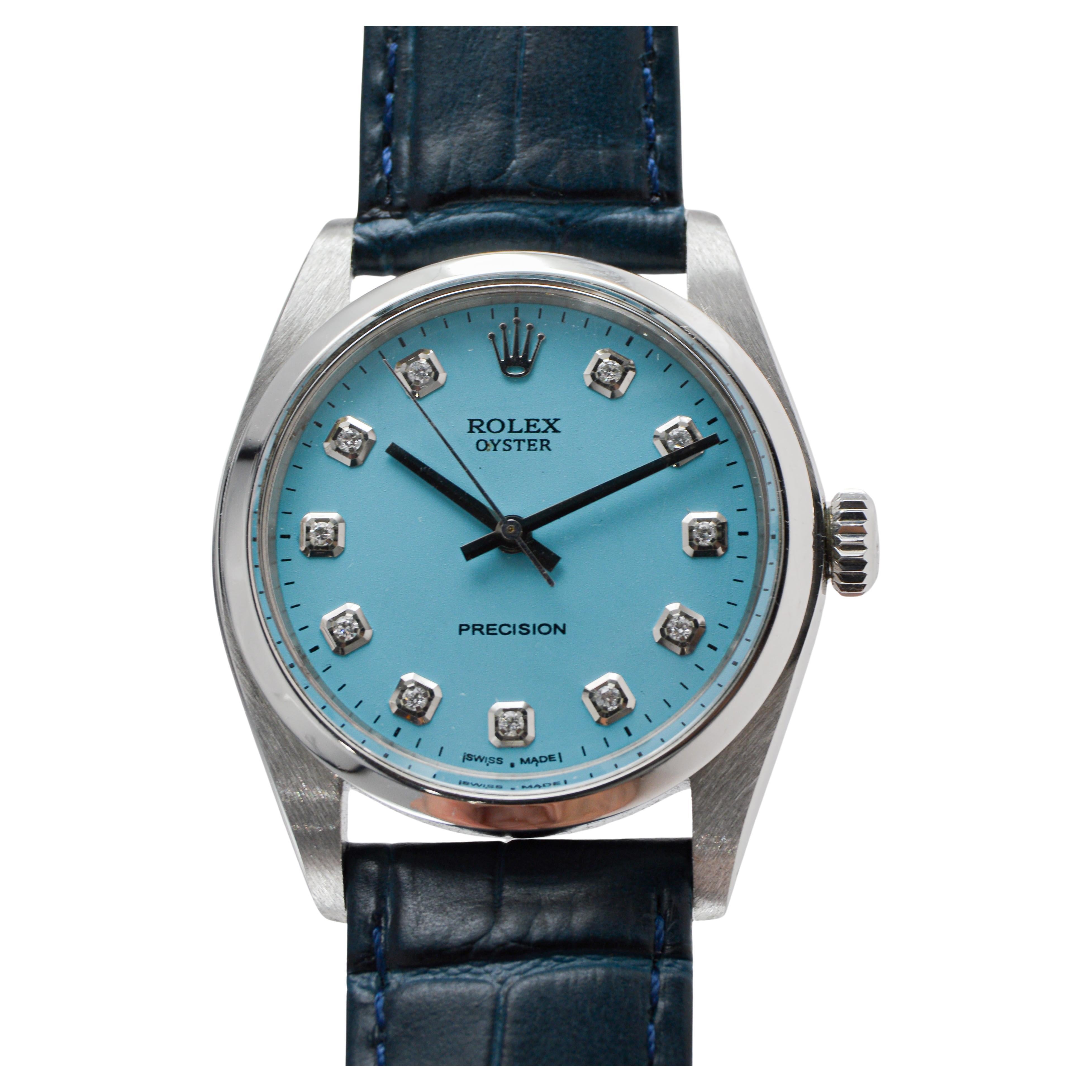 Rolex Oyster de acero con esfera azul hecha a medida y marcadores de diamantes baguette en venta 3