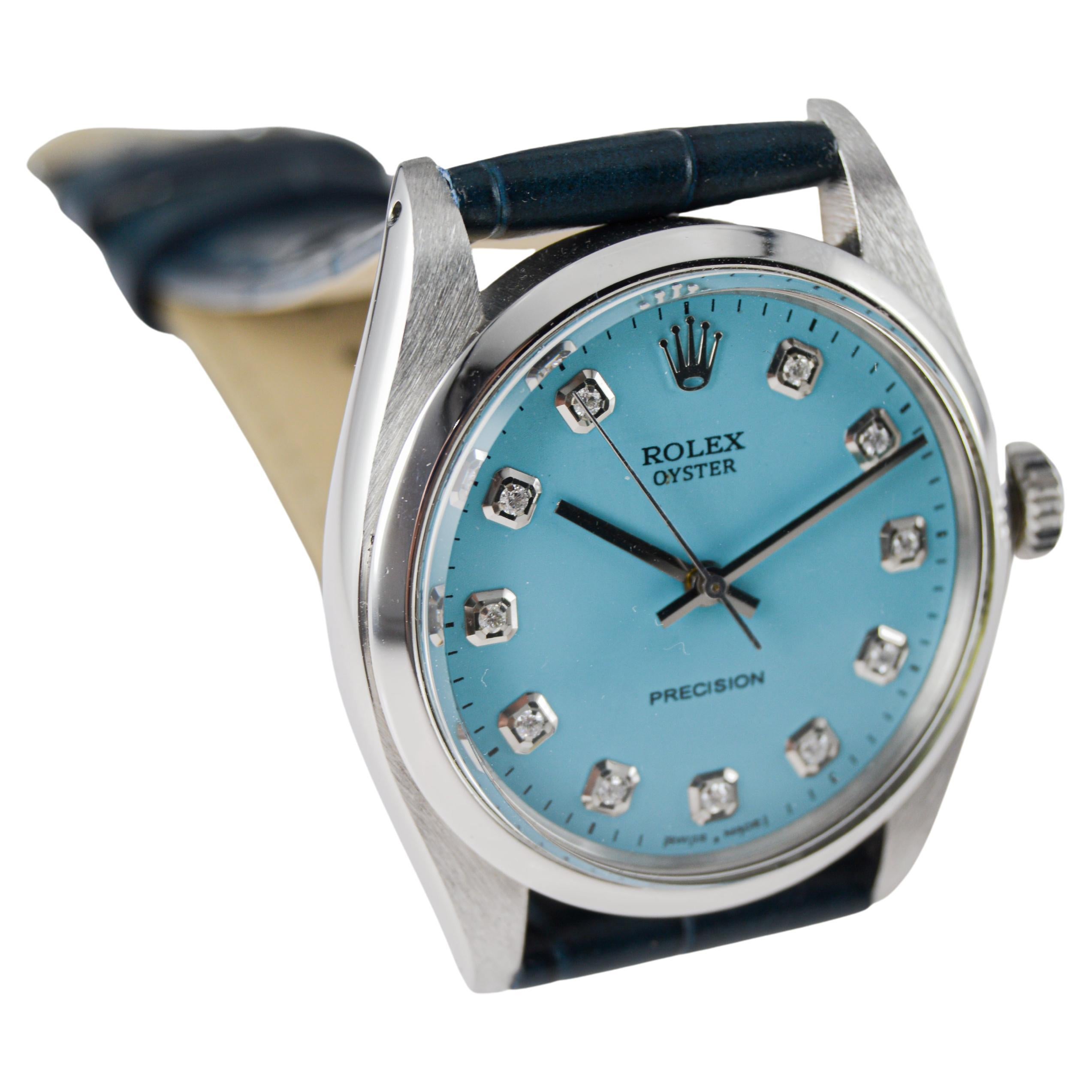 Rolex Oyster de acero con esfera azul hecha a medida y marcadores de diamantes baguette en venta 4