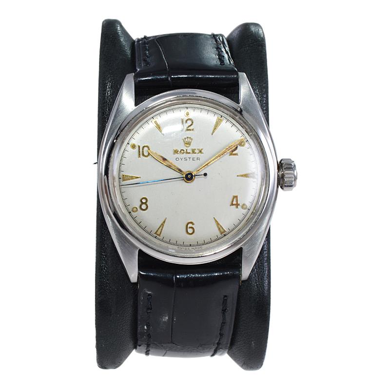 FACTORY / HOUSE: Rolex Watch Company
STYLE / REFERENCE: Oyster / Reference 4365
METAL / MATERIAL: Stainless Steel 
CIRCA / YEAR: 1946
DIMENSIONS: Length 39mm X Diameter 34mm
MOVEMENT / CALIBER: Manual Winding / 17 Jewels / Caliber. 10 1/2 H
DIAL /