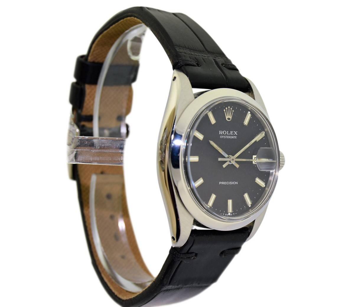 Women's or Men's Rolex Steel Oysterdate Black Dial Watch, circa 1969 