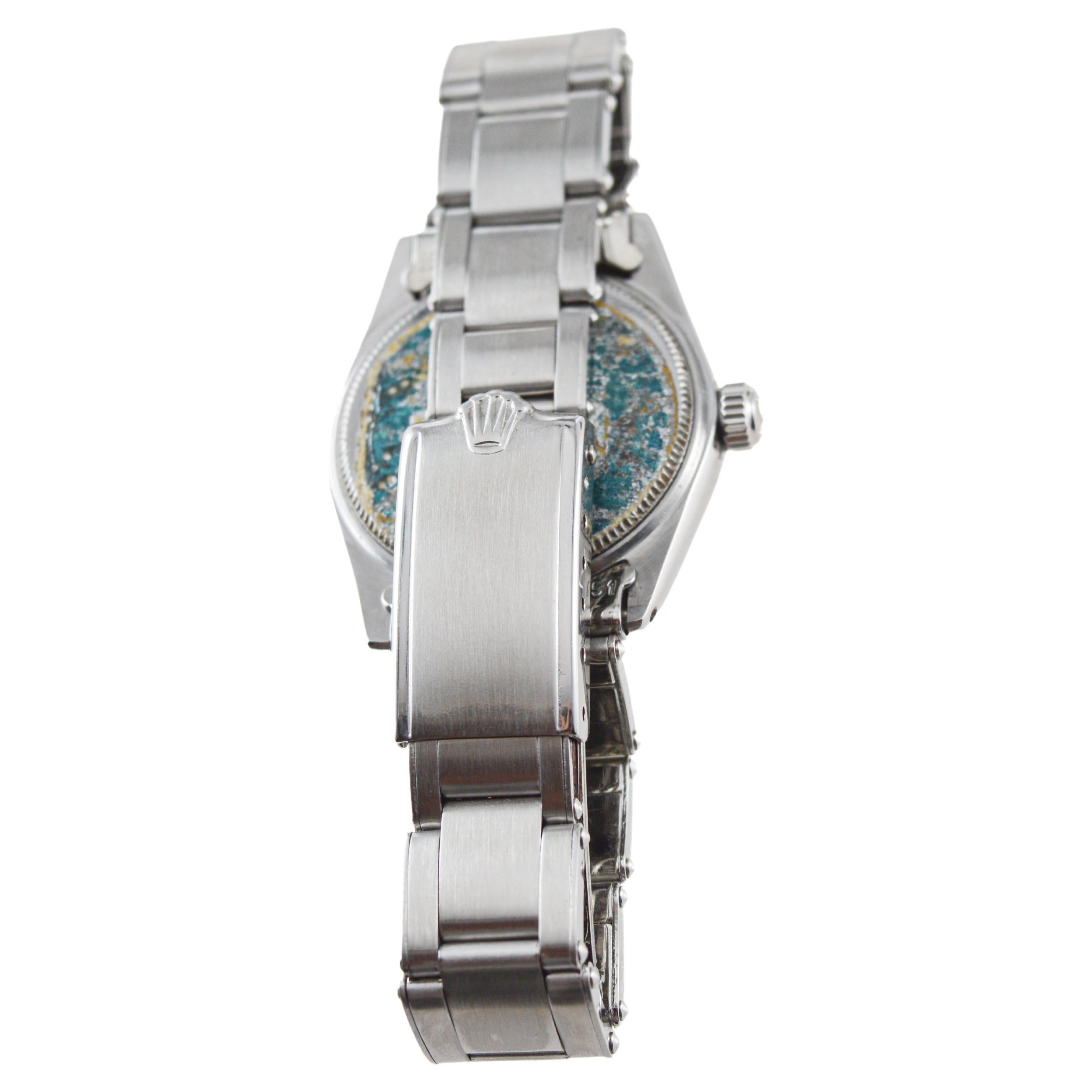 Rolex Steel Oysterdate Mid Size with Custom Blue Dial 1961 Original Sticker For Sale 6