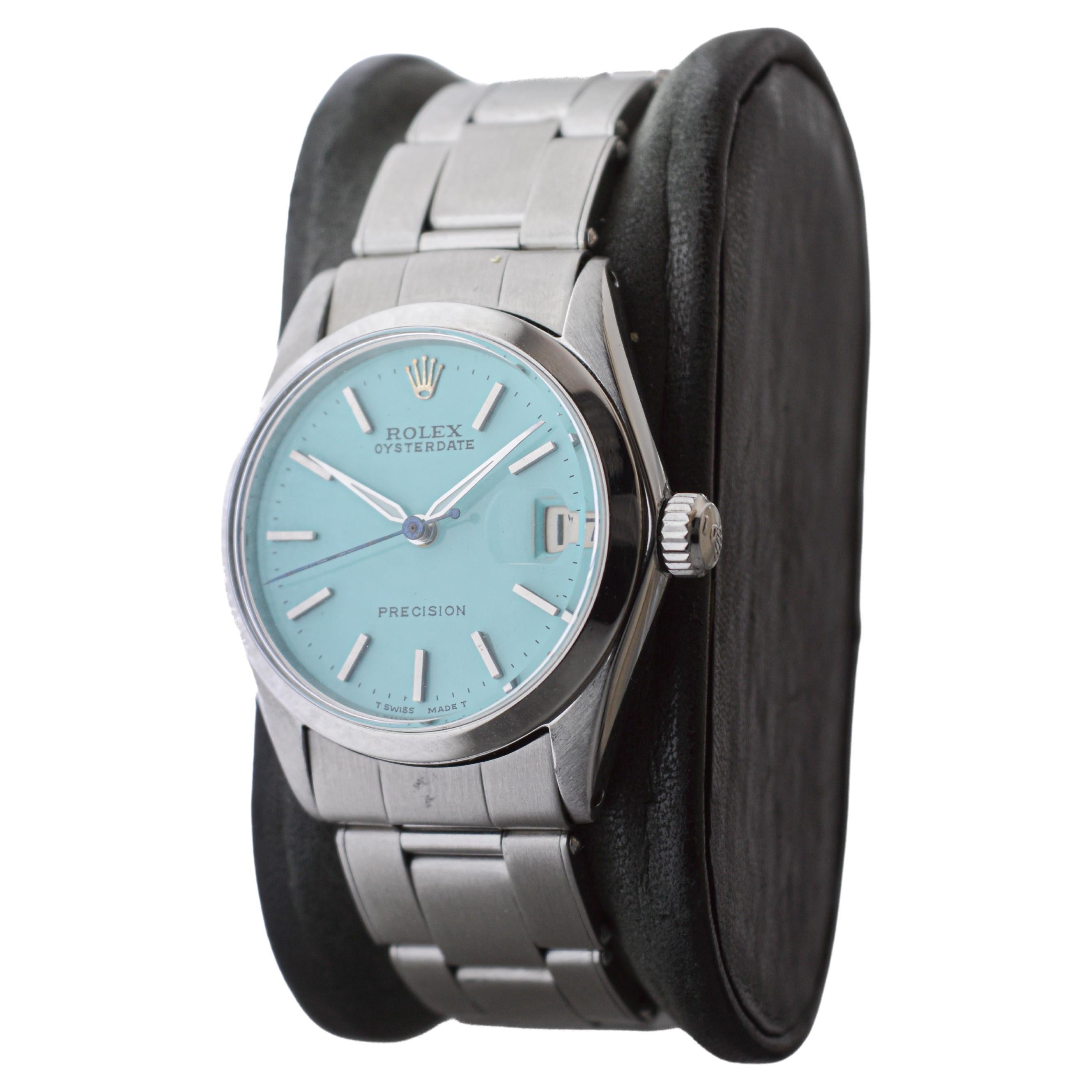Rolex Steel Oysterdate Mid Size with Custom Blue Dial 1961 Original Sticker For Sale 1