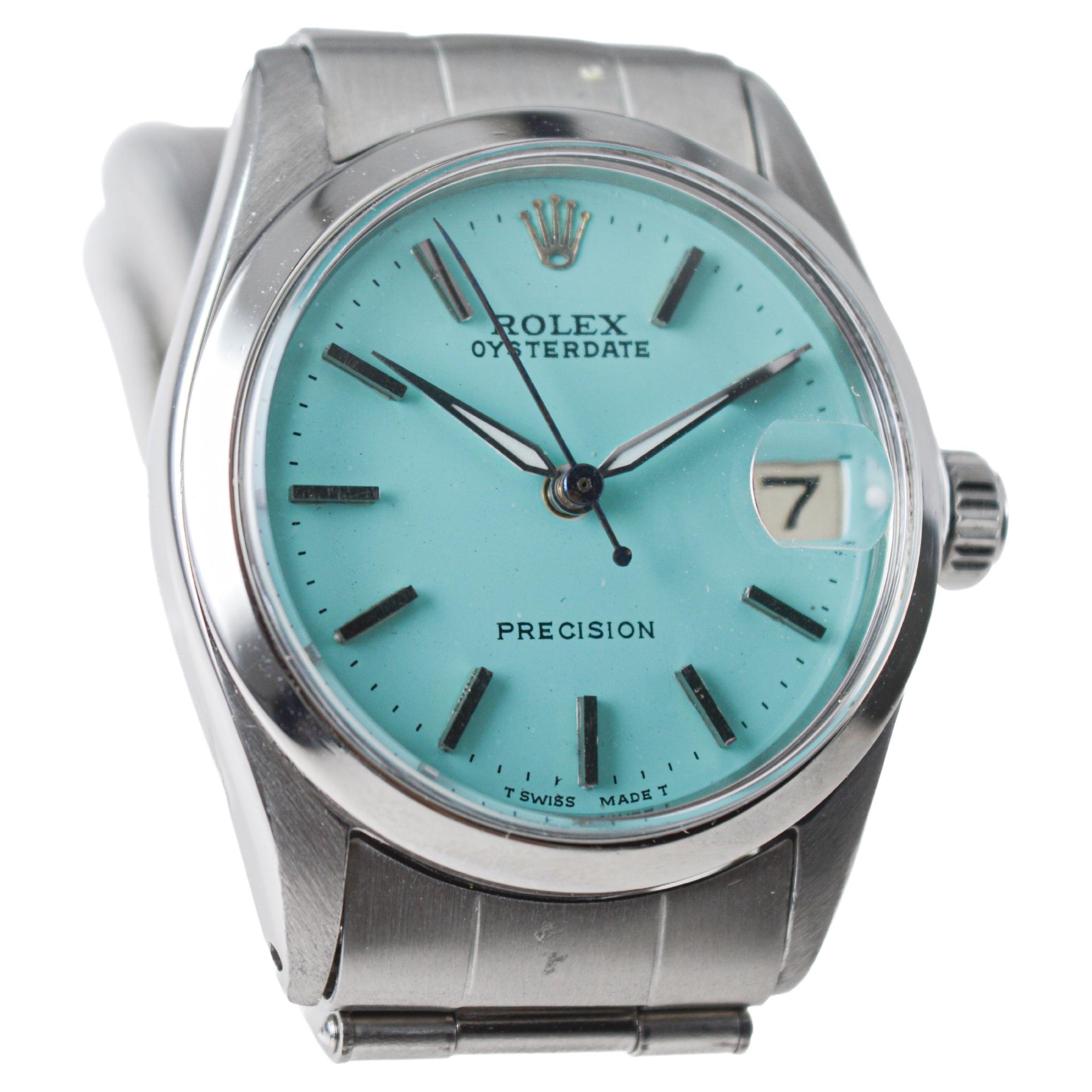 Rolex Steel Oysterdate Mid Size with Custom Blue Dial 1961 Original Sticker For Sale 2
