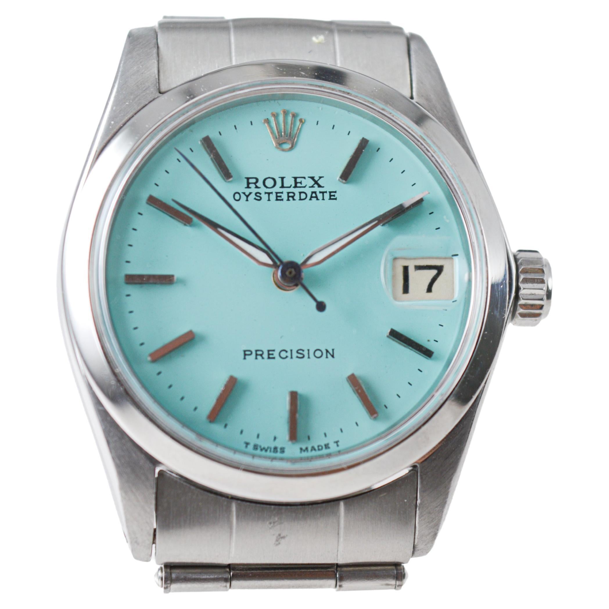 Rolex Steel Oysterdate Mid Size with Custom Blue Dial 1961 Original Sticker For Sale 3