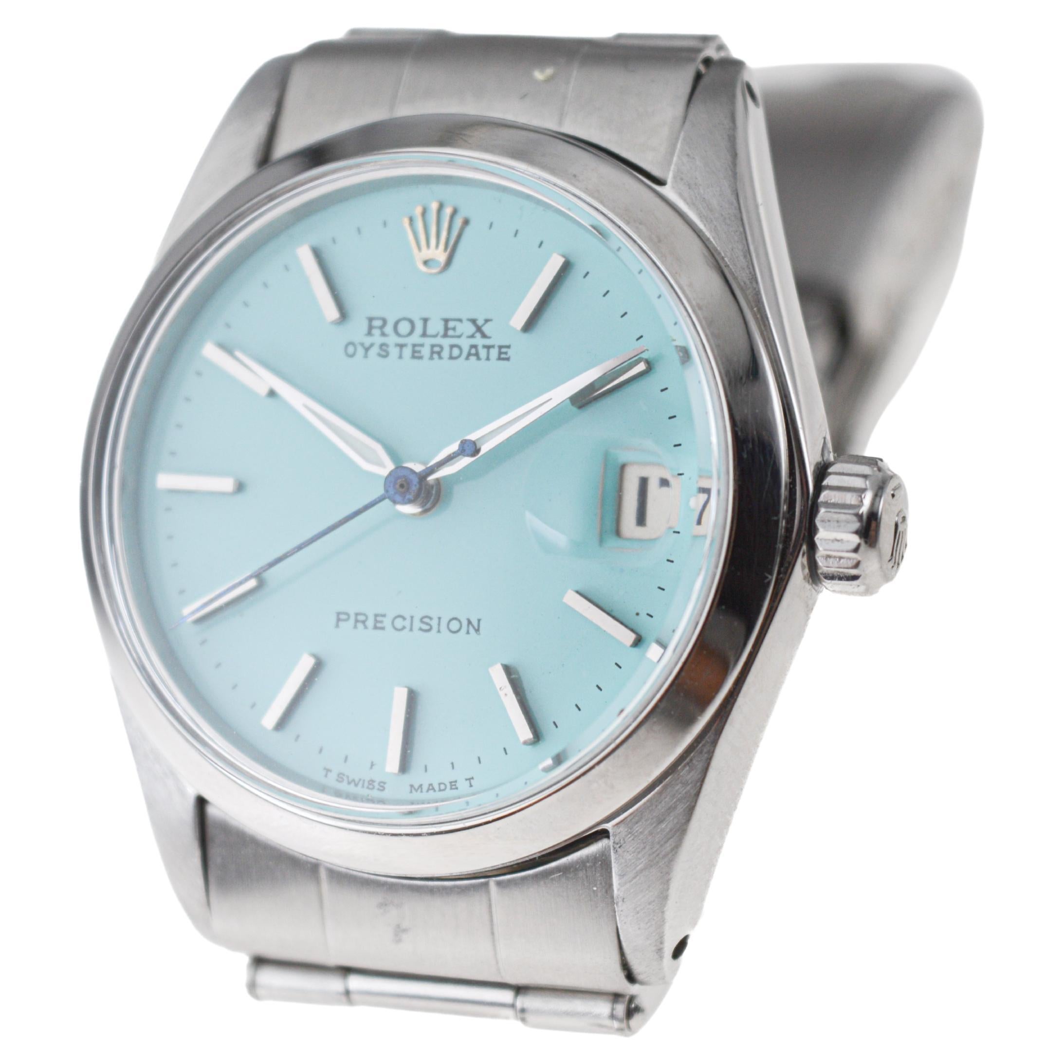 Rolex Steel Oysterdate Mid Size with Custom Blue Dial 1961 Original Sticker For Sale 4