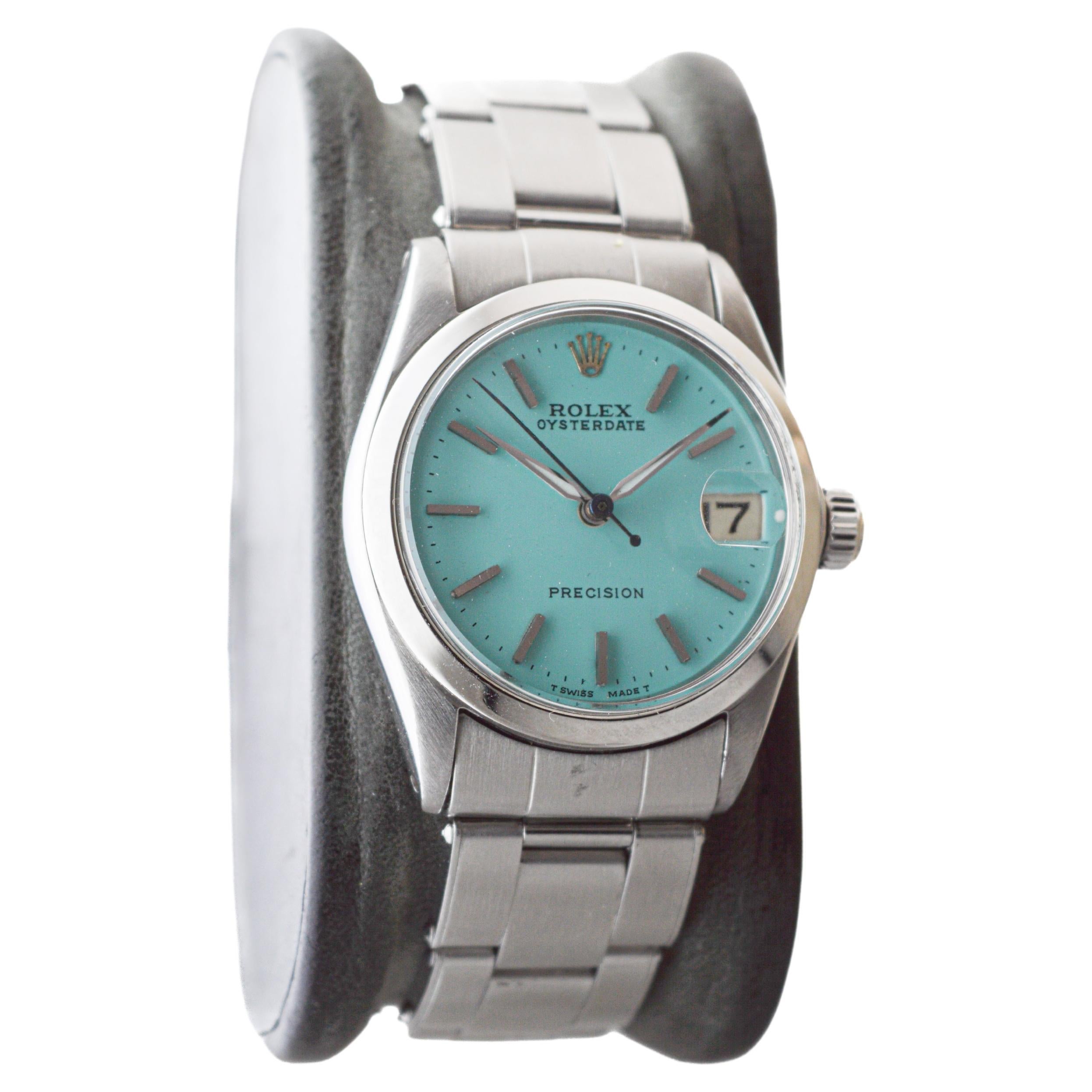 Rolex Stahl Oysterdate Mid Size mit maßgefertigtem blauem Zifferblatt 1961 Original Sticker (Moderne)