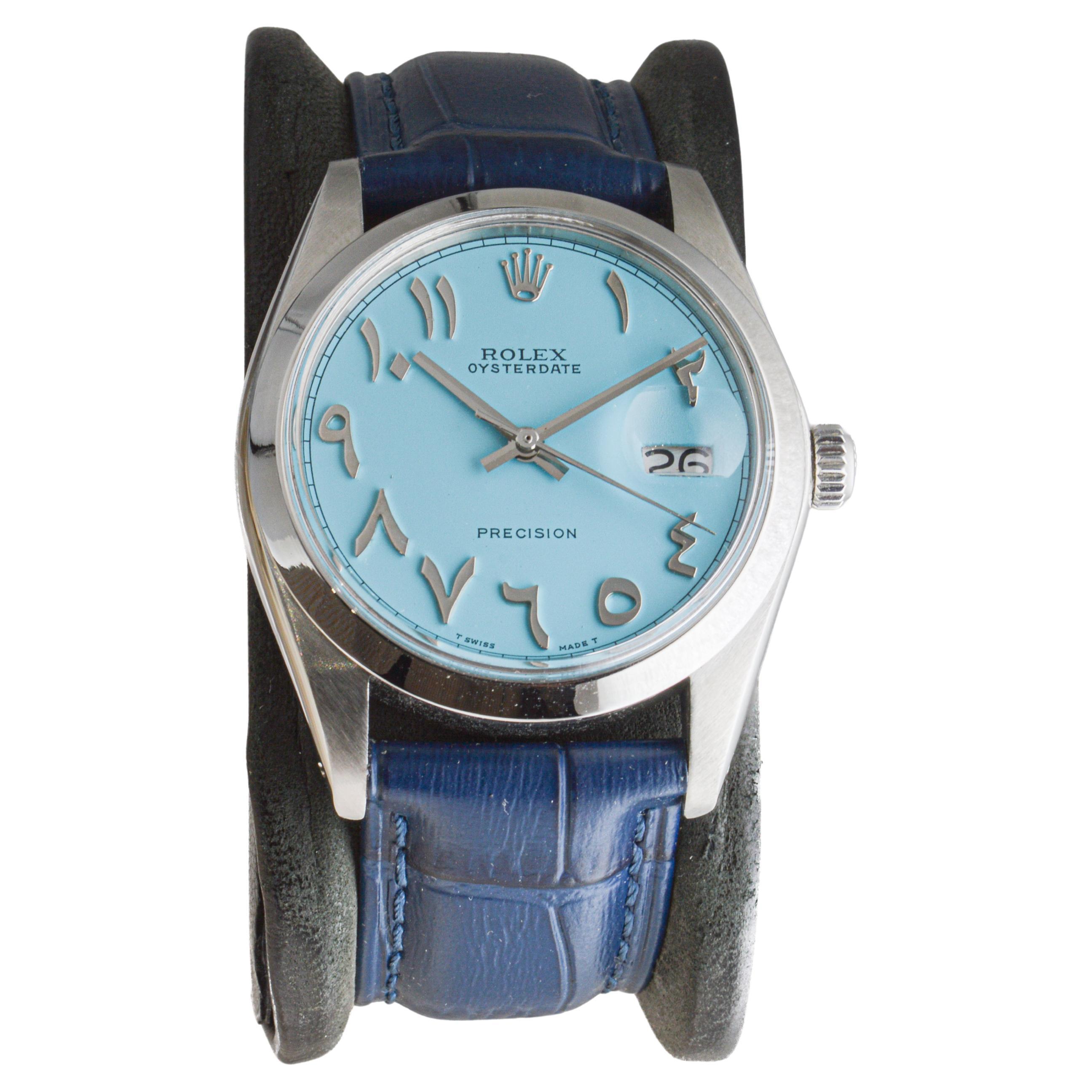 Modern Rolex Steel Oysterdate with Custom Blue with Persian Numbers circa, 1960's For Sale
