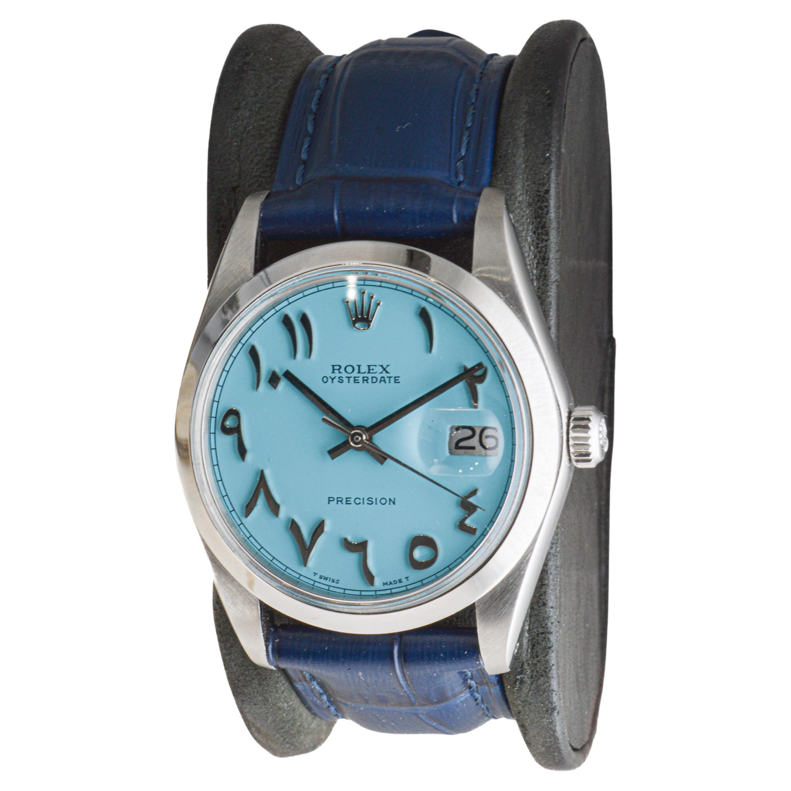 Rolex Steel Oysterdate with Custom Blue with Persian Numbers circa, 1960's In Excellent Condition For Sale In Long Beach, CA