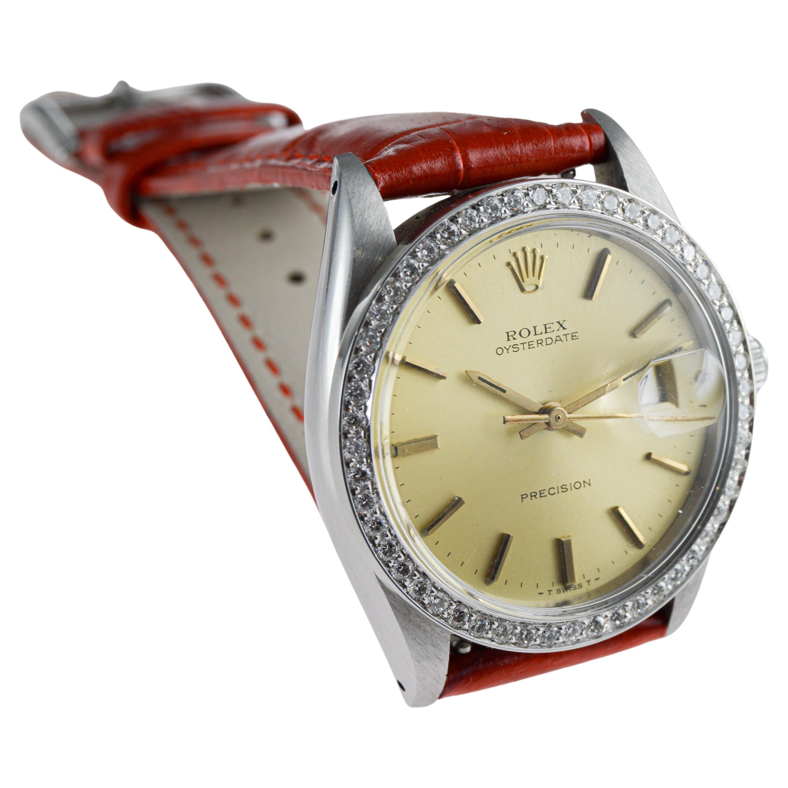 Rolex Oysterdate de acero con bisel de diamantes hecho a medida y esfera original Años 70 en venta 5