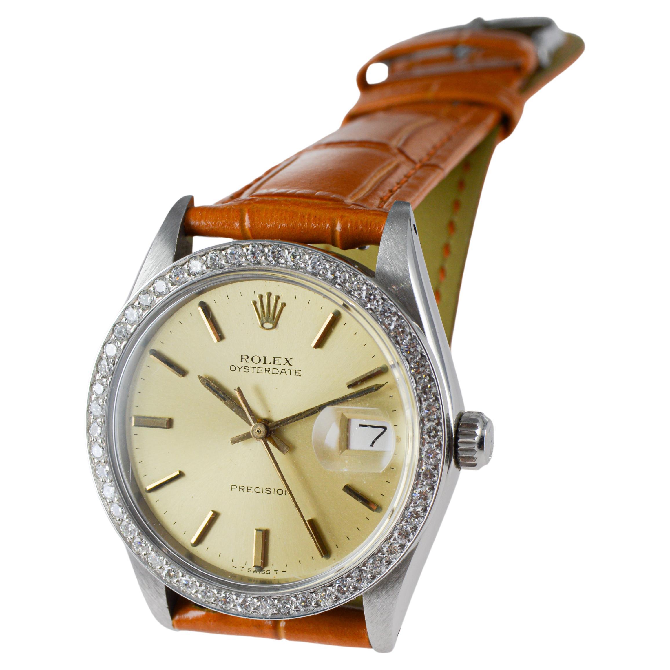 Rolex Oysterdate in acciaio con lunetta di diamanti personalizzata e quadrante originale degli anni '70 in vendita 5