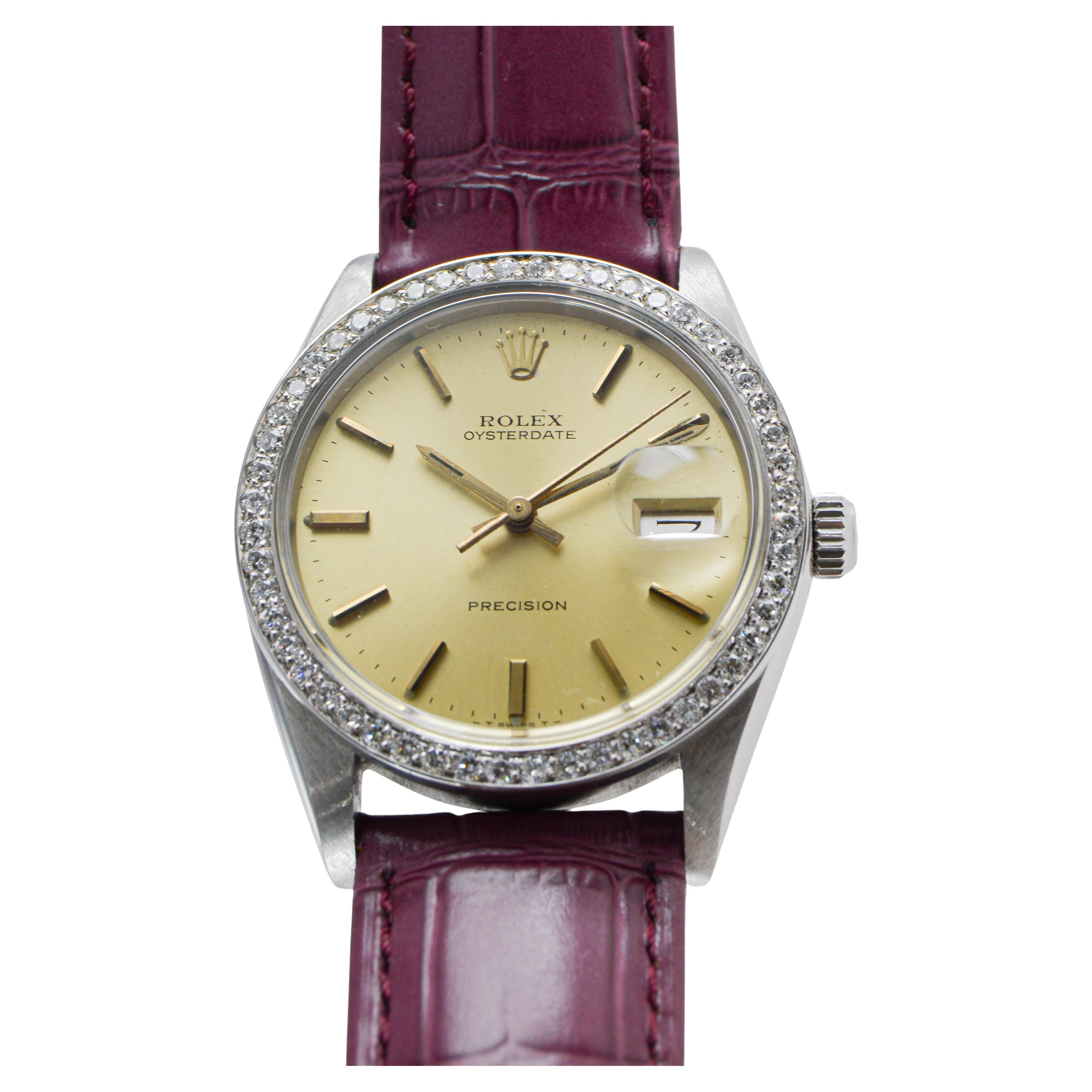 Rolex Oysterdate de acero con bisel de diamantes hecho a medida y esfera original Años 70 en venta 5