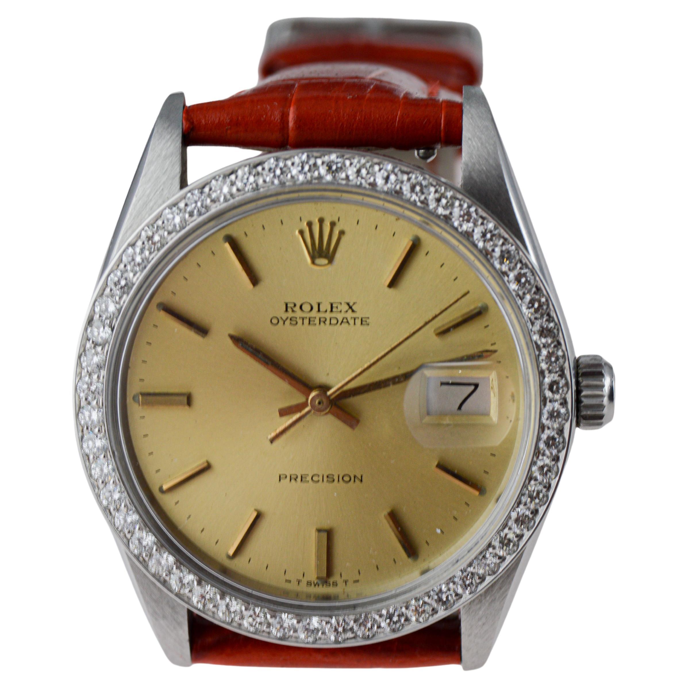 Rolex Oysterdate de acero con bisel de diamantes hecho a medida y esfera original Años 70 en venta 6