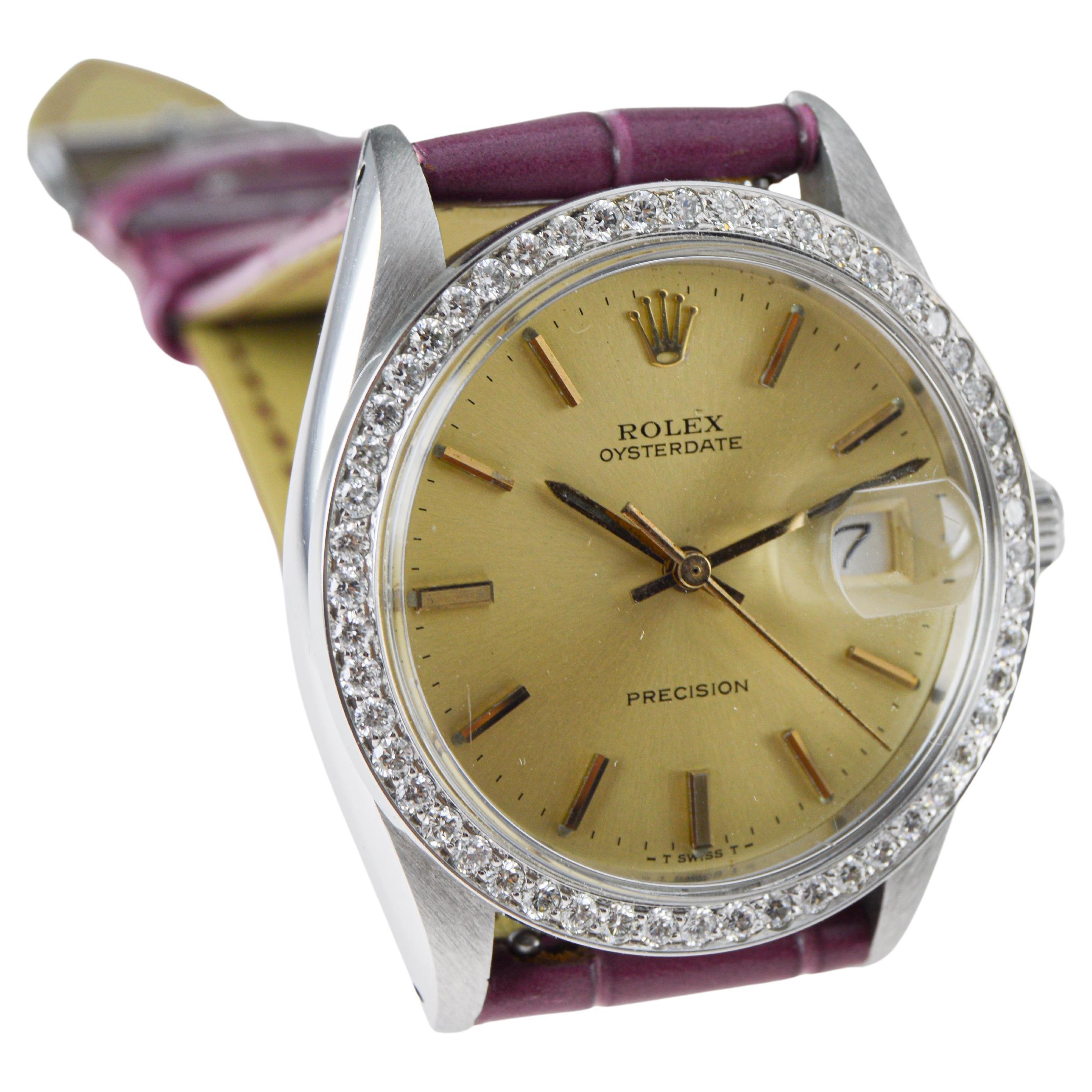 Rolex Oysterdate de acero con bisel de diamantes hecho a medida y esfera original Años 70 en venta 6