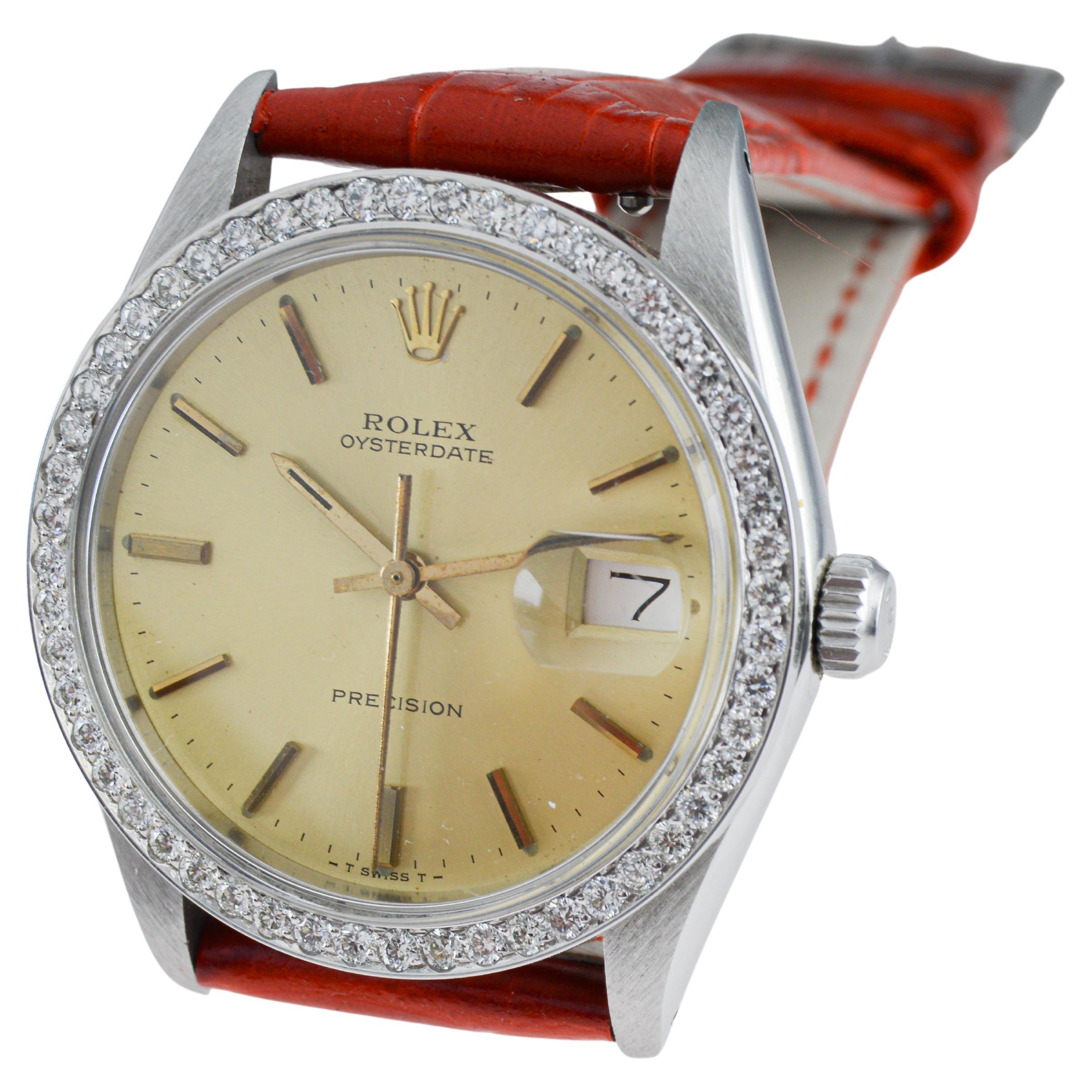 Rolex Oysterdate de acero con bisel de diamantes hecho a medida y esfera original Años 70 en venta 7