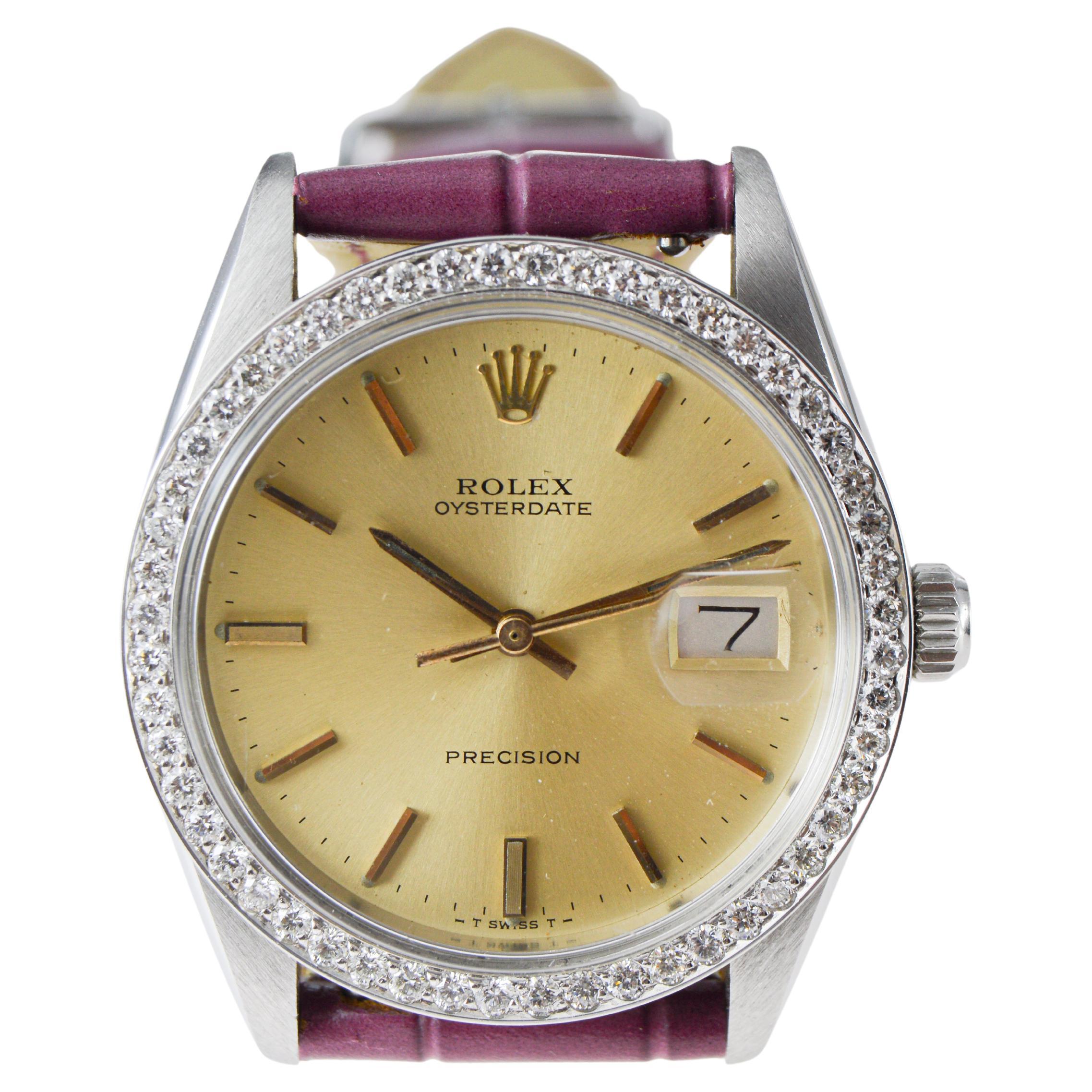 Rolex Oysterdate de acero con bisel de diamantes hecho a medida y esfera original Años 70 en venta 7