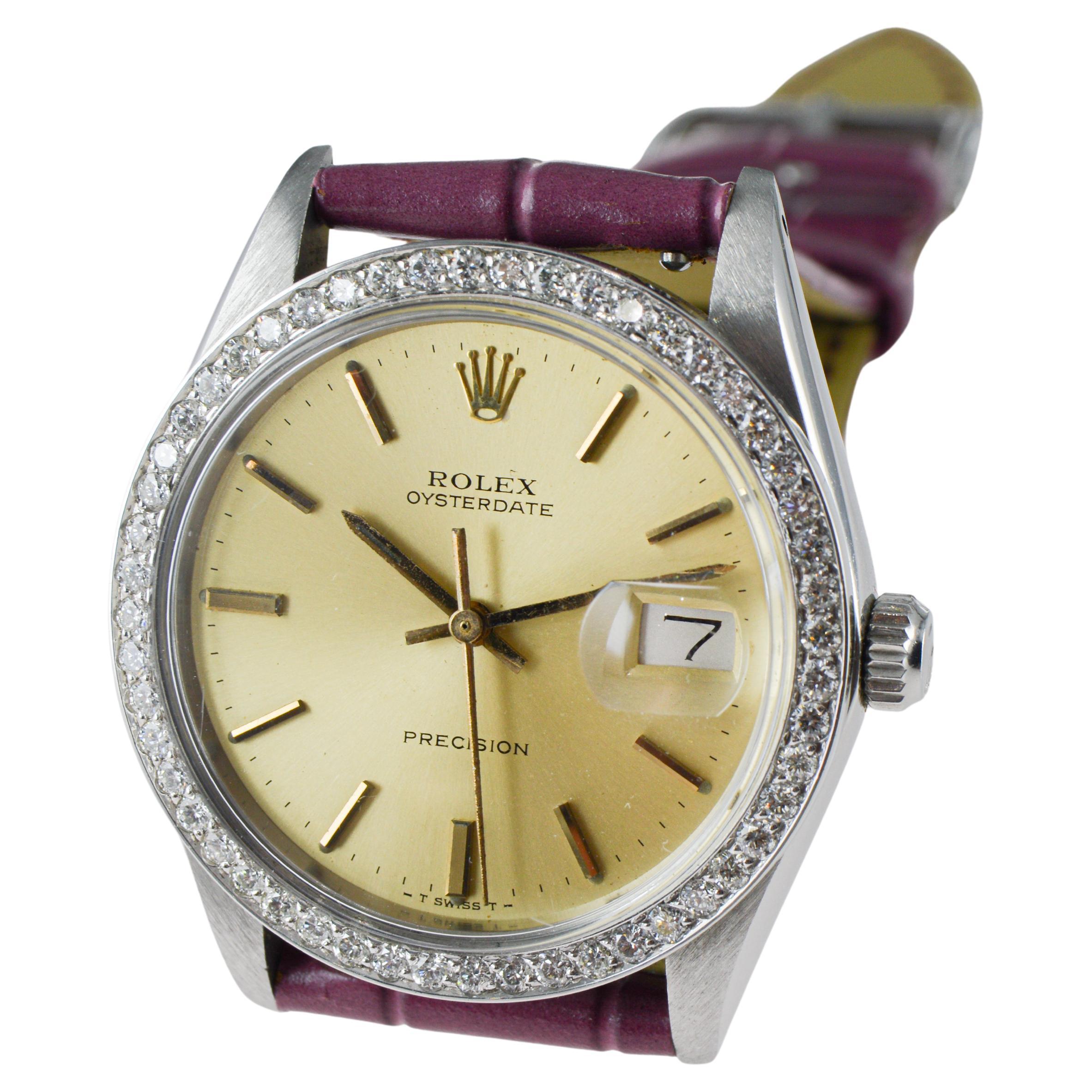 Rolex Oysterdate de acero con bisel de diamantes hecho a medida y esfera original Años 70 en venta 8