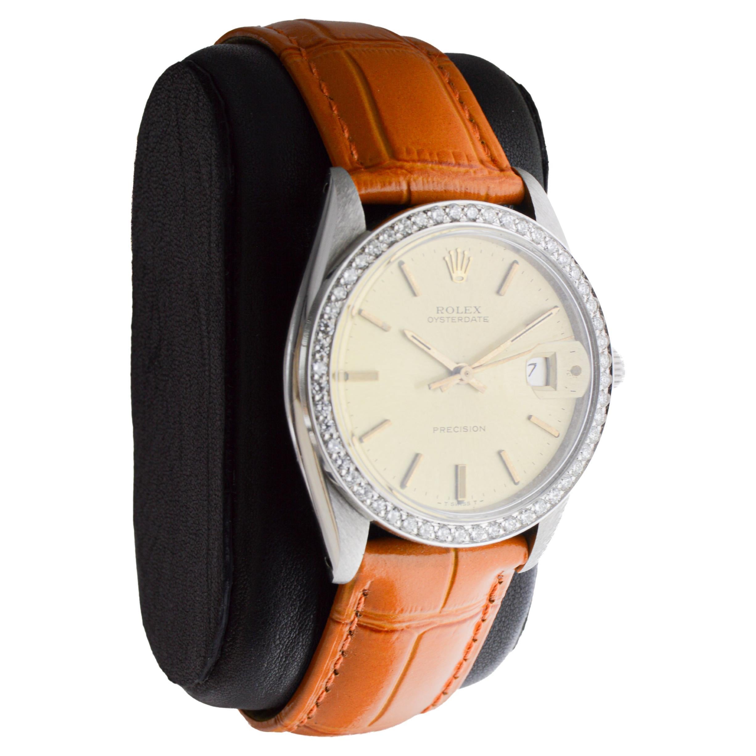 Moderno Rolex Oysterdate in acciaio con lunetta di diamanti personalizzata e quadrante originale degli anni '70 in vendita