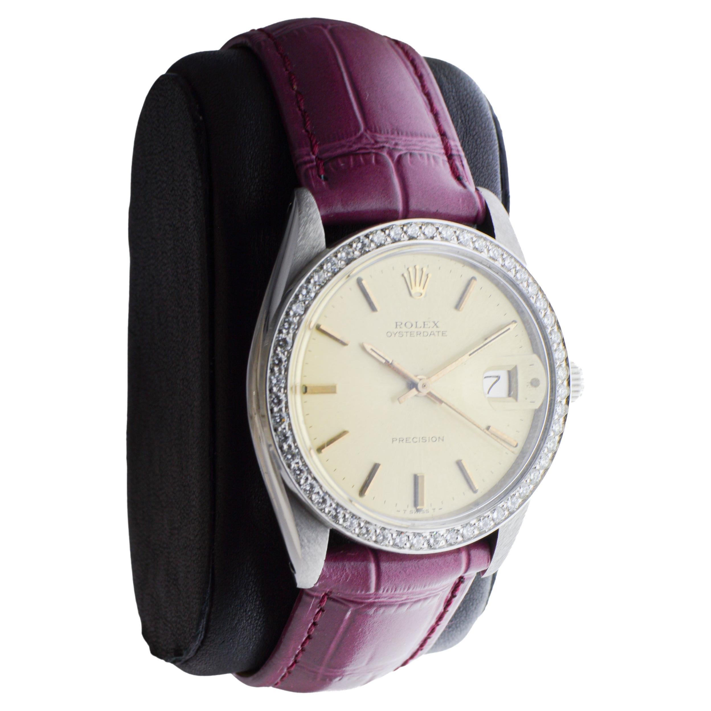 Rolex Oysterdate de acero con bisel de diamantes hecho a medida y esfera original Años 70 Moderno en venta