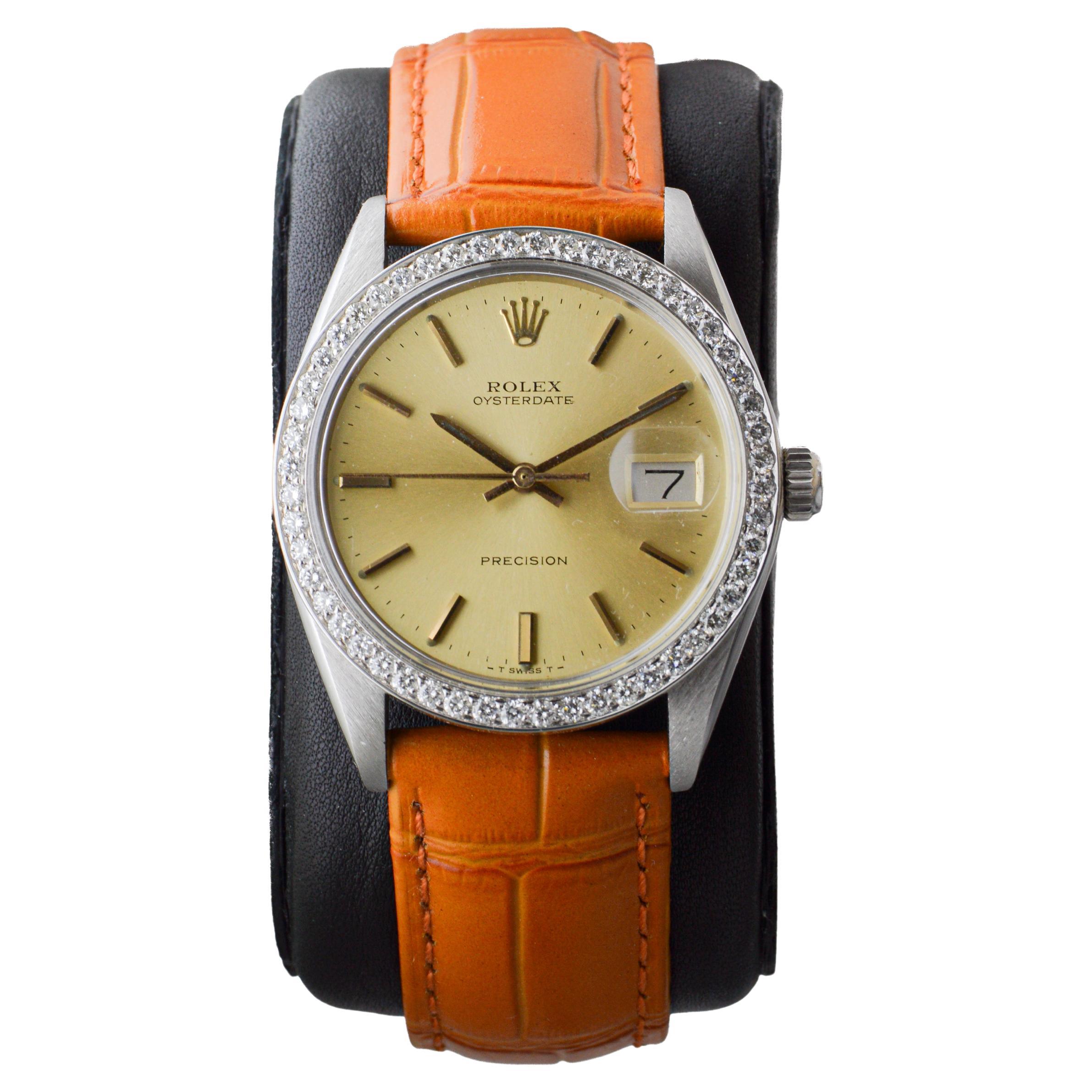 Rolex Oysterdate in acciaio con lunetta di diamanti personalizzata e quadrante originale degli anni '70 In condizioni ottime in vendita a Long Beach, CA