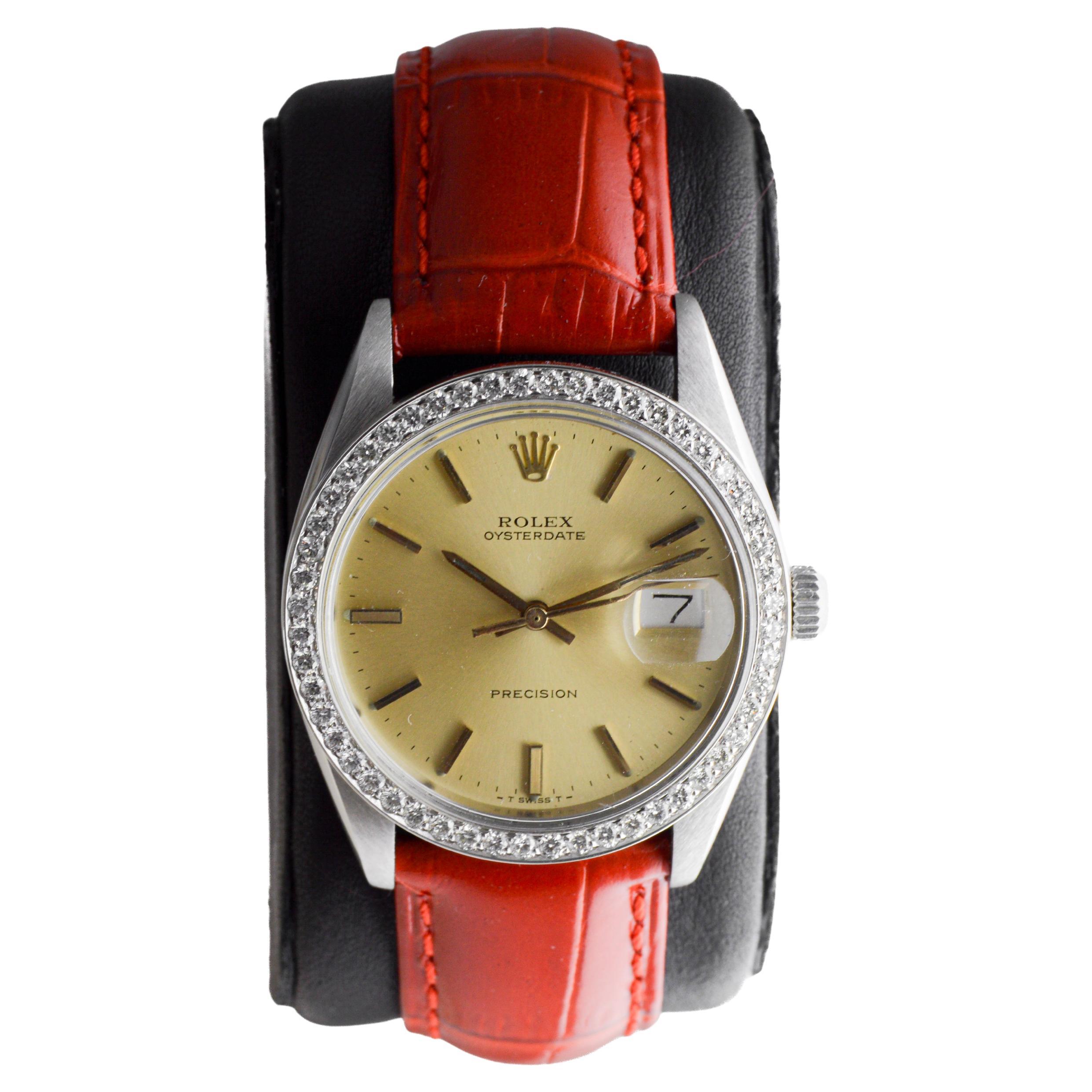 Femenino o masculino Rolex Oysterdate de acero con bisel de diamantes hecho a medida y esfera original Años 70 en venta