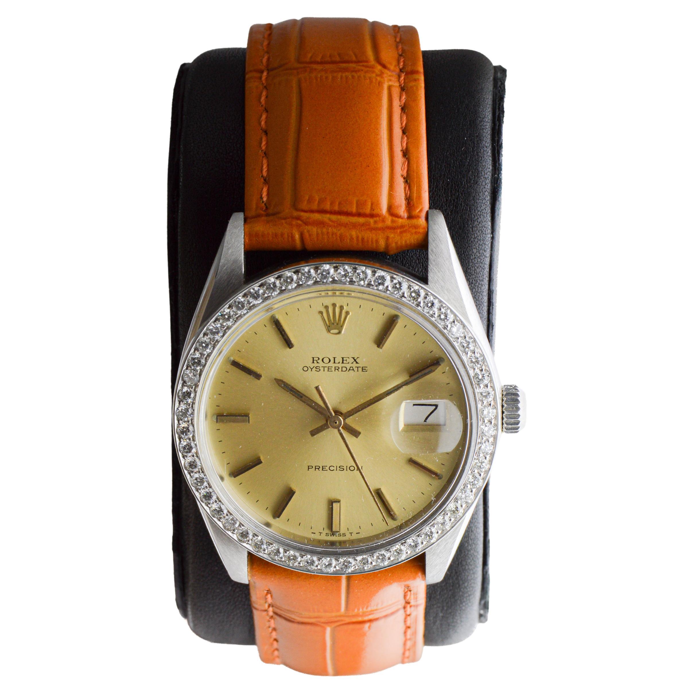 da uomo o donna Rolex Oysterdate in acciaio con lunetta di diamanti personalizzata e quadrante originale degli anni '70 in vendita