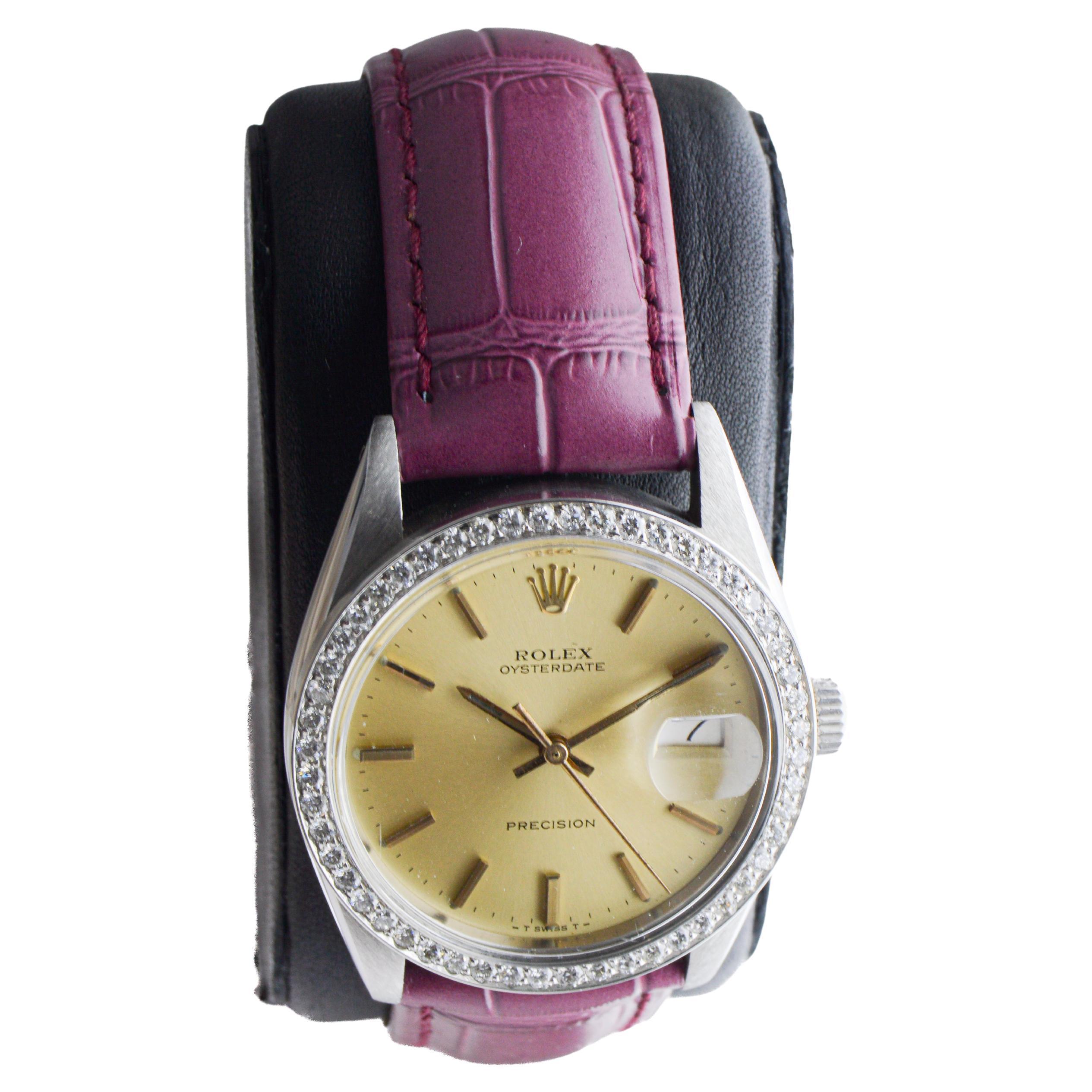Femenino o masculino Rolex Oysterdate de acero con bisel de diamantes hecho a medida y esfera original Años 70 en venta