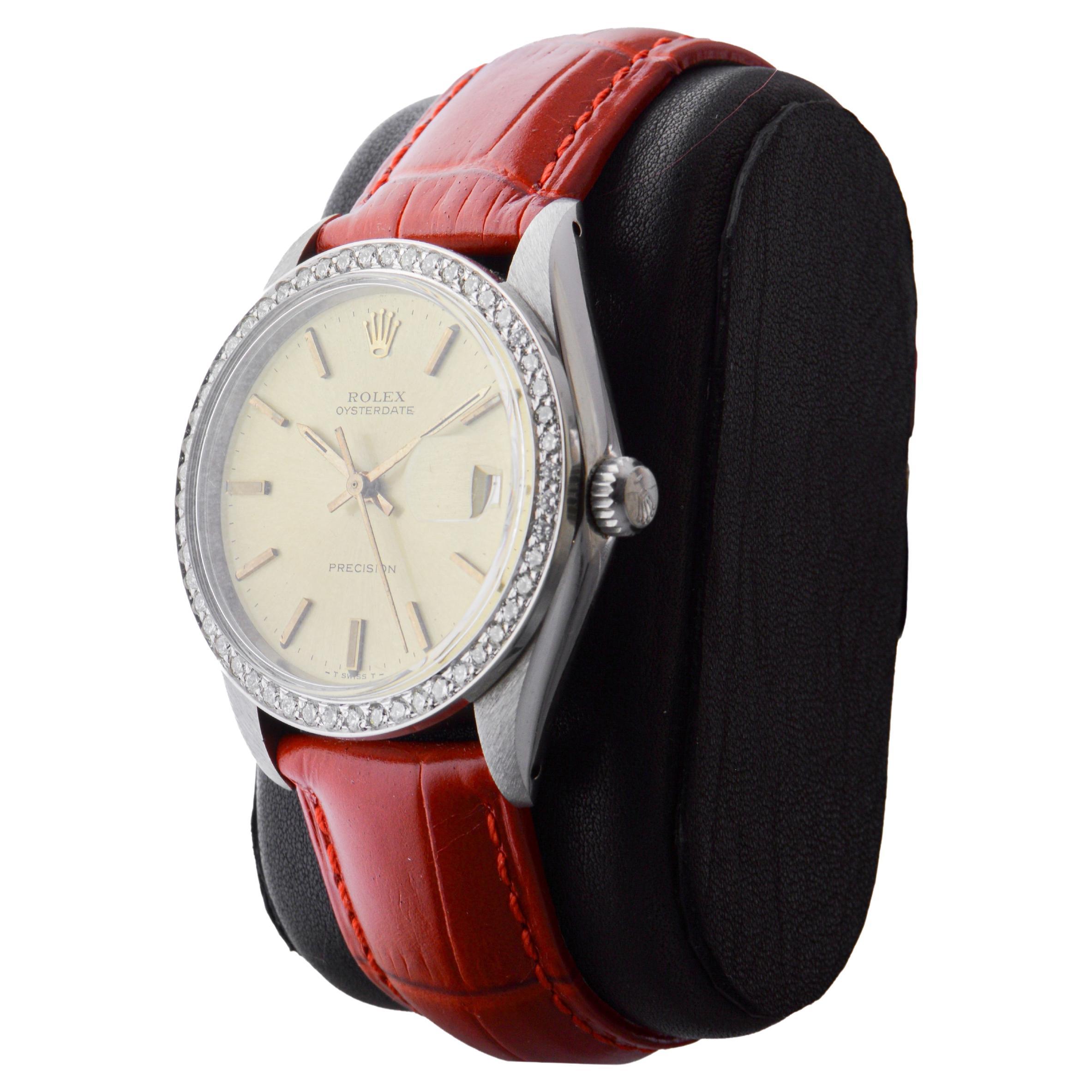 Rolex Oysterdate de acero con bisel de diamantes hecho a medida y esfera original Años 70 en venta 1