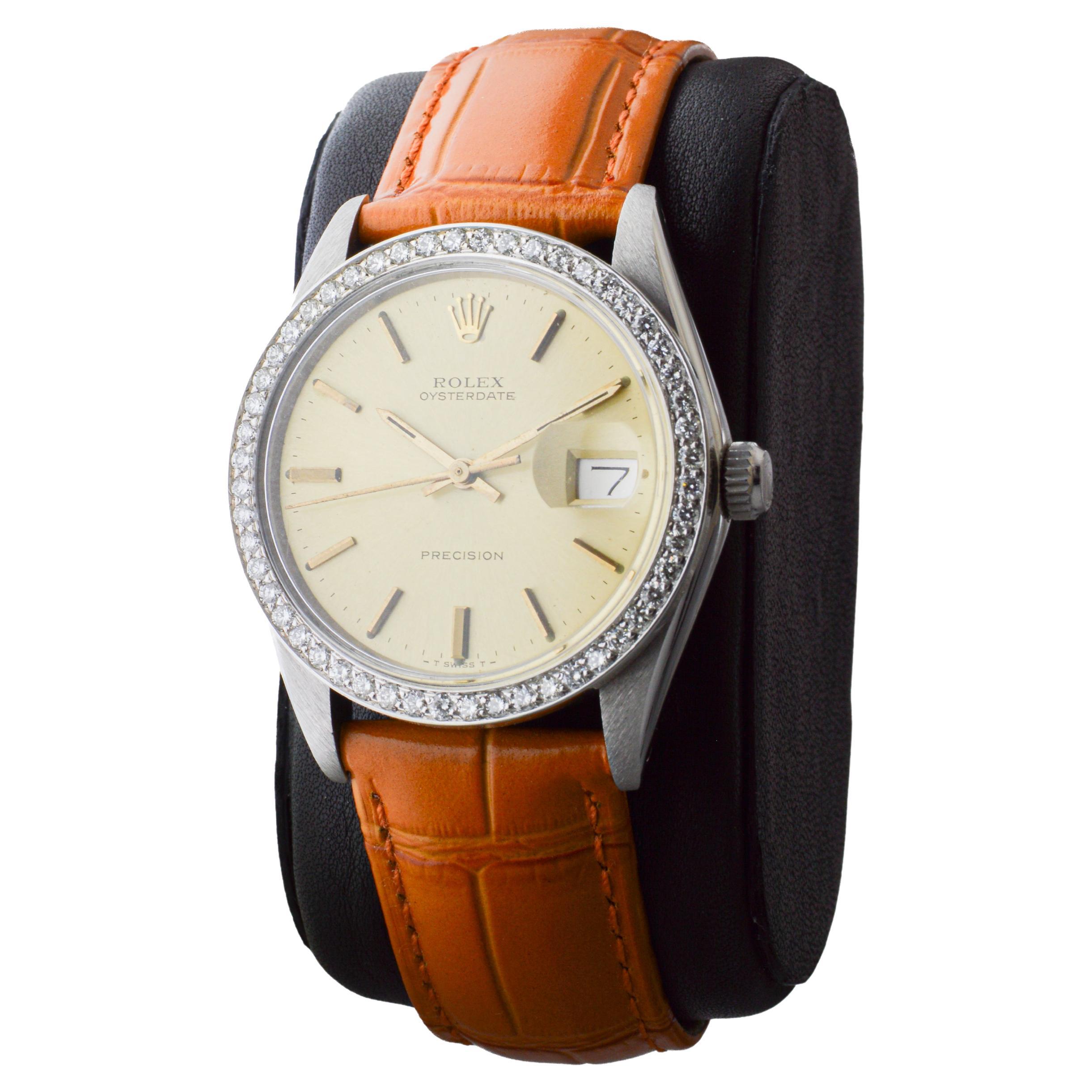 Rolex Oysterdate in acciaio con lunetta di diamanti personalizzata e quadrante originale degli anni '70 in vendita 1